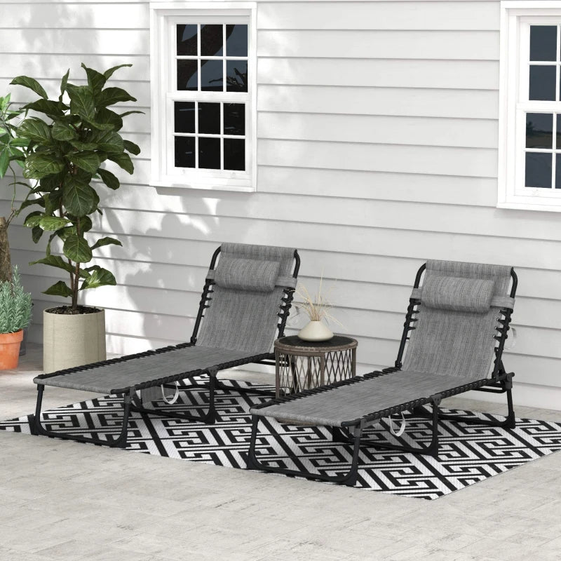 Outsunny Portable Sun Lounger Set of 2, Folding Camping Bed Cot, Reclining Lounge Chair 5-position Adjustable Backrest with Side Pocket, Pillow for Patio Garden Beach Pool, Mixed Grey
