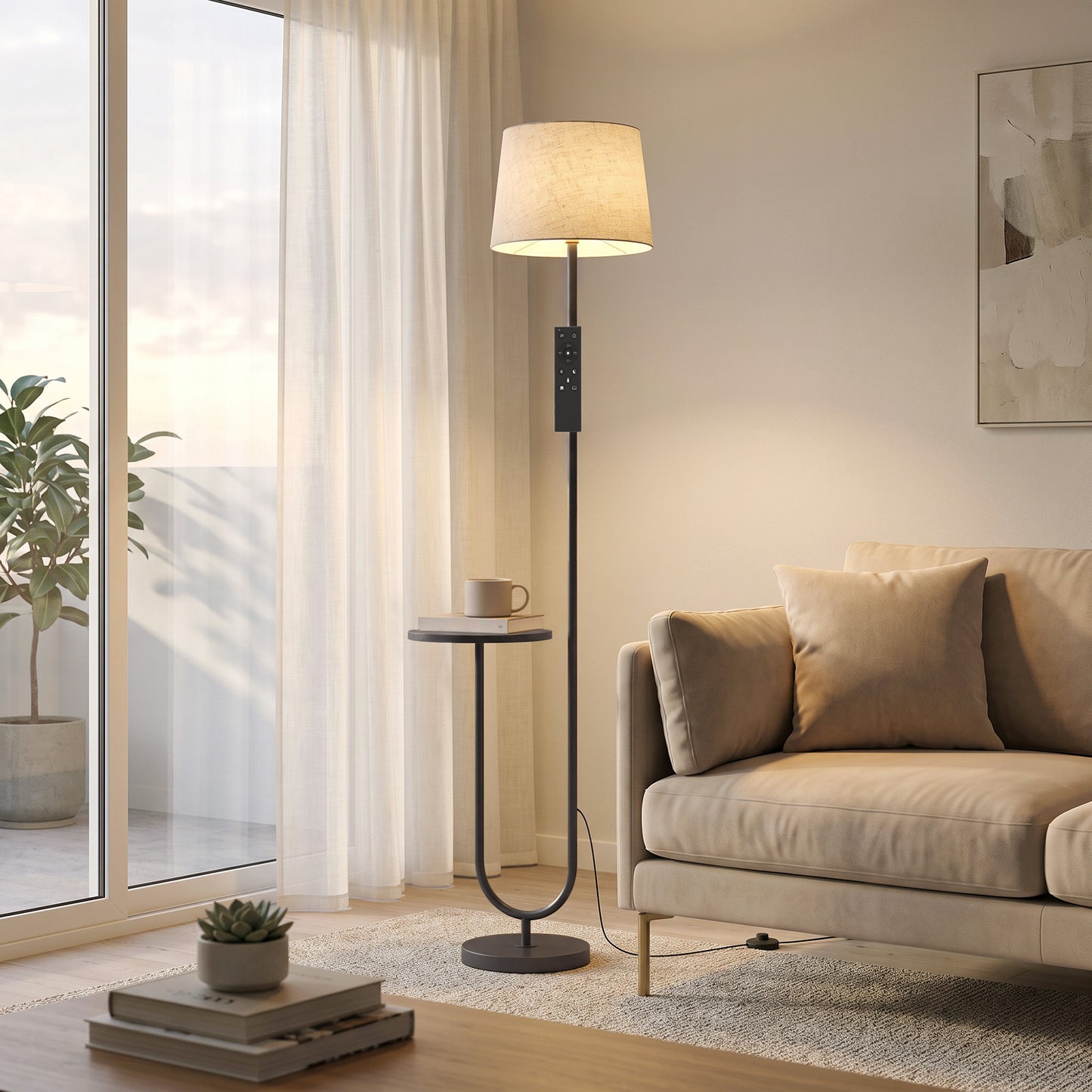 HOMCOM Modern Floor Lamp with Shelf, Dimmable Floor Lamp with Linen Shade, RF Remote and Foot Switch for Living Room, Black