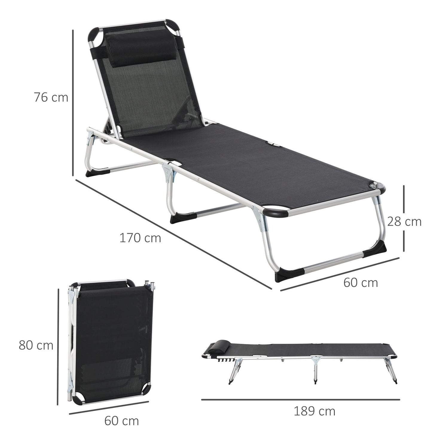 Outsunny Foldable Outdoor Sun Loungers Set of 2, Reclining Lounge Chair Camping Bed Cot with Pillow 4-Level Adjustable Back Aluminium Frame, Black