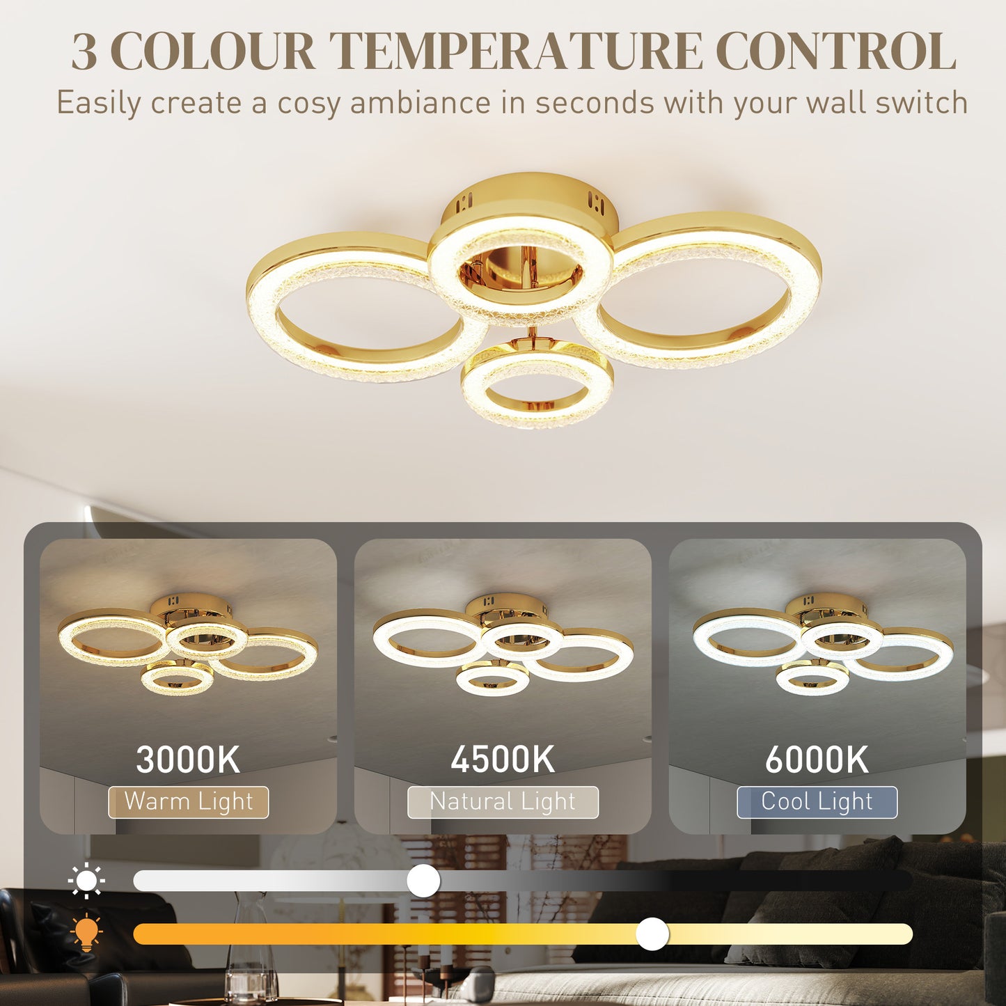 HOMCOM LED Ceiling Light, Modern 4 Rings, 40W 4350lm, Wall Switch Control, 3500K/4500K/6000K for Living Room, Bedroom, Gold Tone