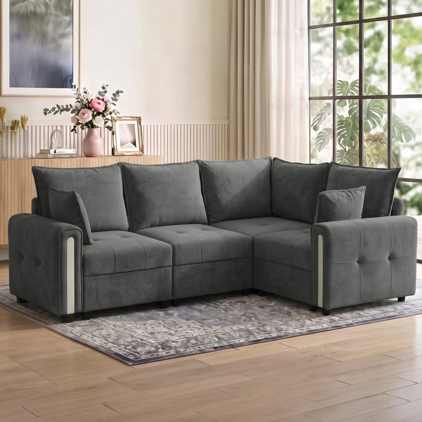 HOMCOM 228cm L Shaped Sofa with Lift-Up Storage, 3-Seater Sectional Sofa with Wide Deep Seat, Dark Grey