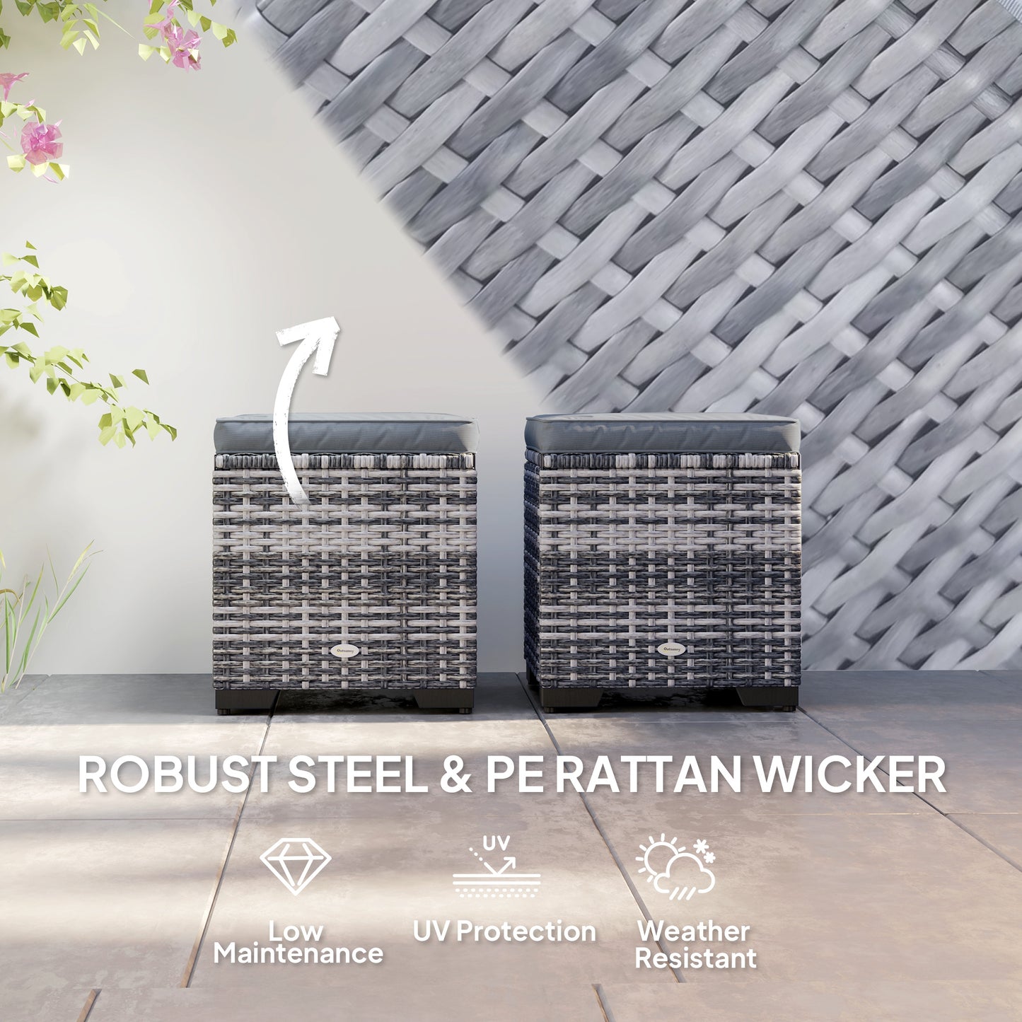 Outsunny Set of 2 Rattan Storage Ottomans, Outdoor Footstools with Removable Cushions for Garden, Balcony, or Living Room, Dark Grey