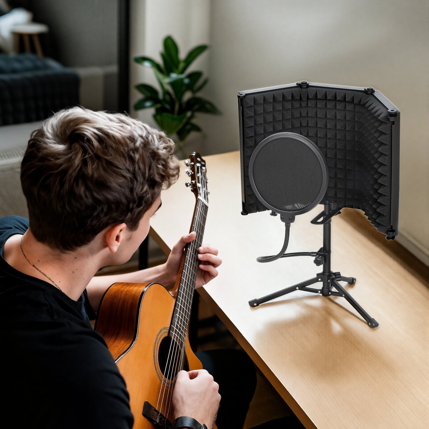 HOMCOM Studio Microphone Isolation Shield with Pop Filter & Tripod Stand, Foldable 3-Panel Foam Shield, 3/8" Threaded Mount, Black