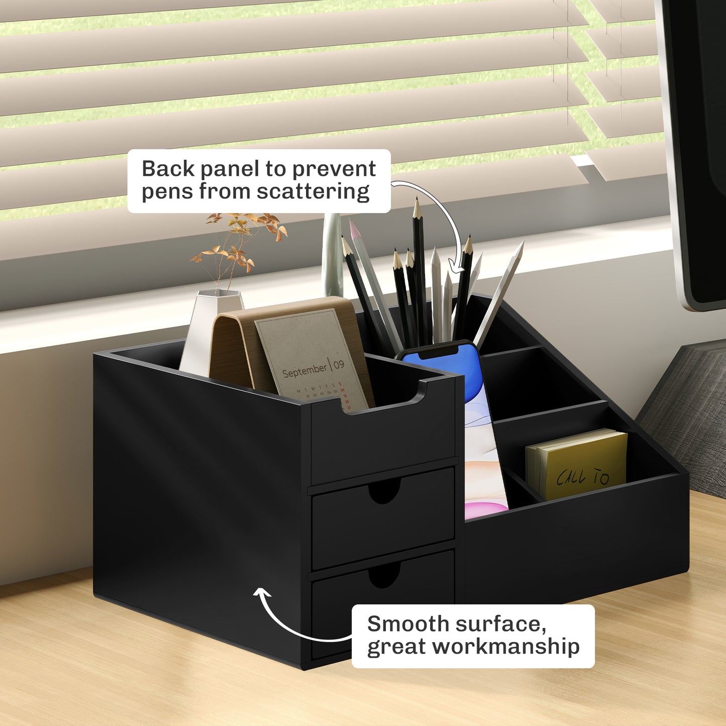 HOMCOM Desk Organiser, Bamboo Storage Caddy with 7 Compartments and 2 Drawers for Home Office Supplies, Black