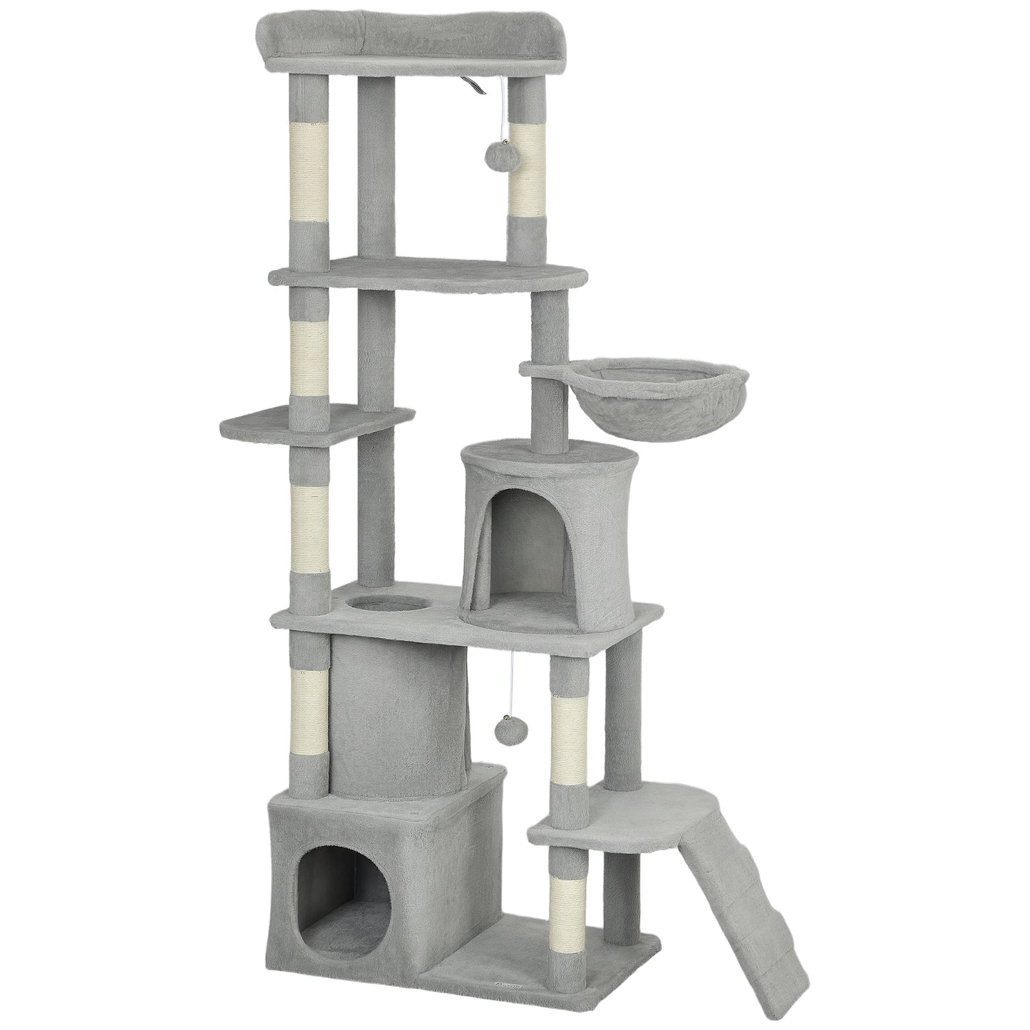 PawHut 170 cm Large Cat Tree, Cat Tower with 7 Scratching Posts, Tunnel, 2 Condos, Hammock, Perch, Ramp, Pompoms, Light Grey