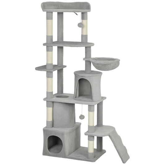 PawHut 170 cm Large Cat Tree, Cat Tower with 7 Scratching Posts, Tunnel, 2 Condos, Hammock, Perch, Ramp, Pompoms, Light Grey