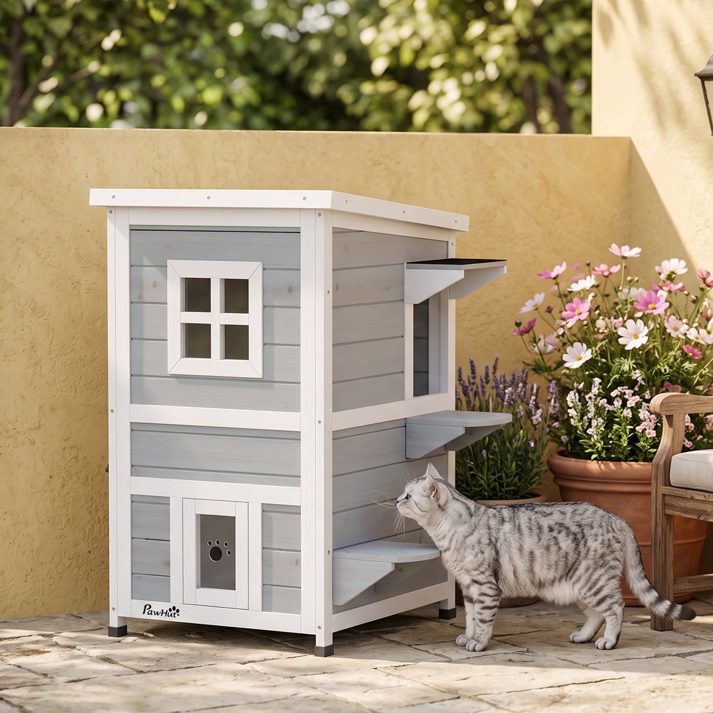 PawHut Wooden Cat House 2-Floor Outdoor Kitten Shelter with 3 Doors and Window Grey