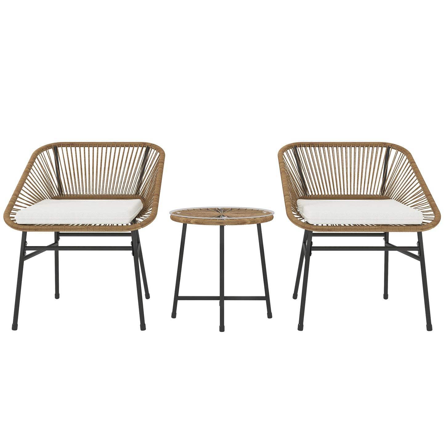 Outsunny 3-Piece Rattan Bistro Set, Garden Table & Chairs with Cushions, Glass Top for Patio/Balcony
