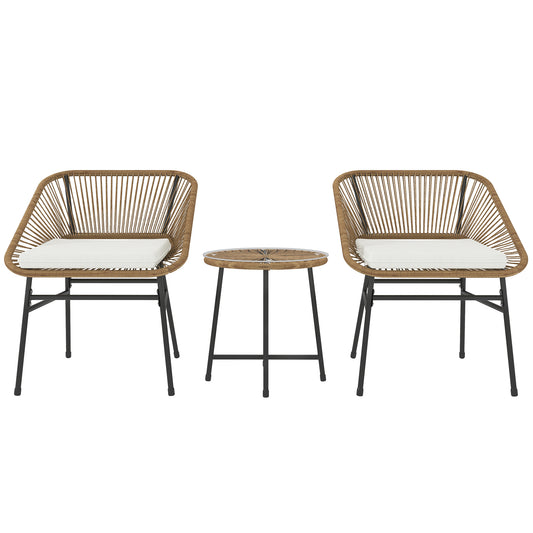 Outsunny 3-Piece Rattan Bistro Set, Garden Table & Chairs with Cushions, Glass Top for Patio/Balcony