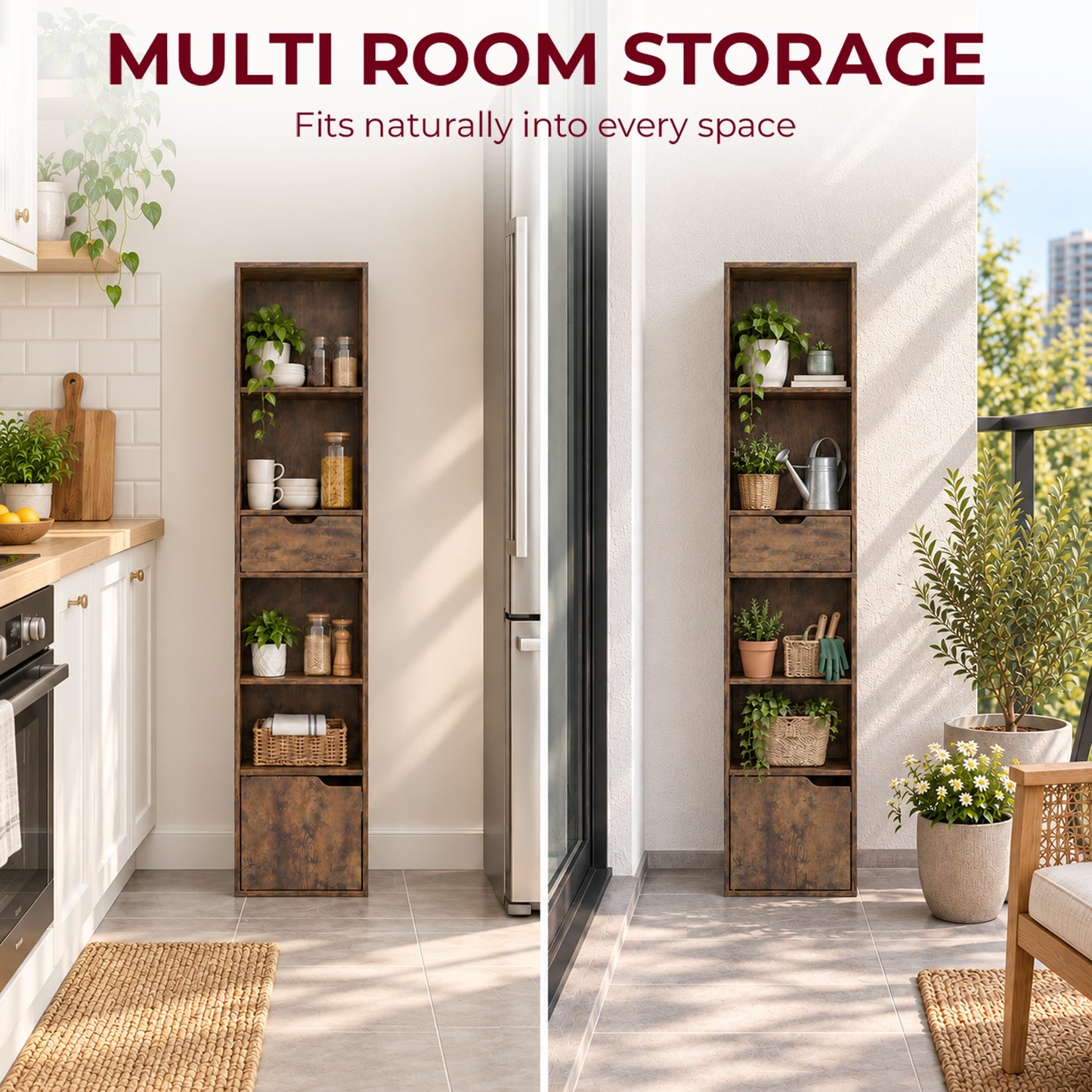 HOMCOM 6-Tier Bookcase, Tall Narrow Bookshelf with Drawer, Door, Adjustable Shelf for Living Room, Rustic Brown