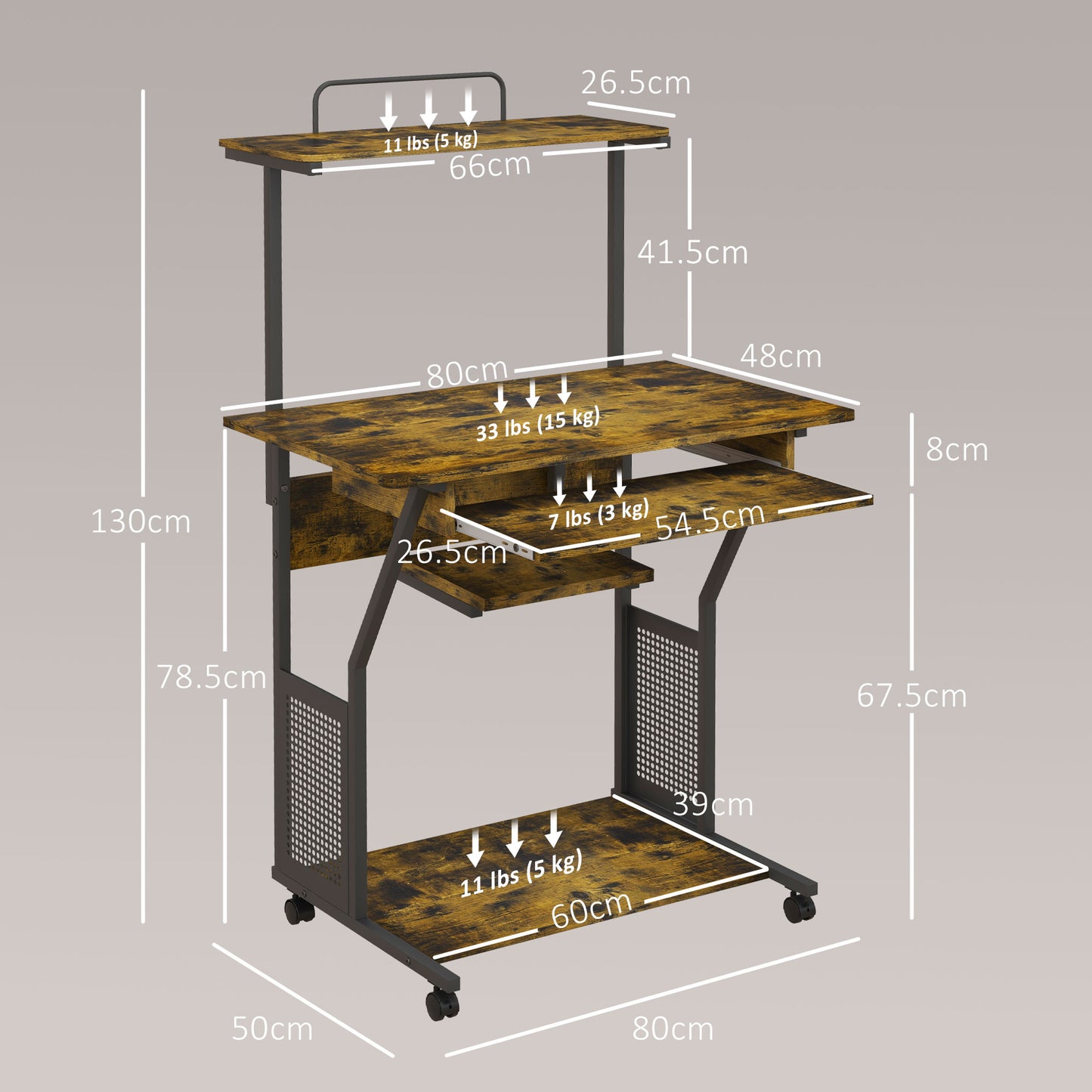 HOMCOM Rolling Computer Desk with Keyboard Tray - Rustic Brown
