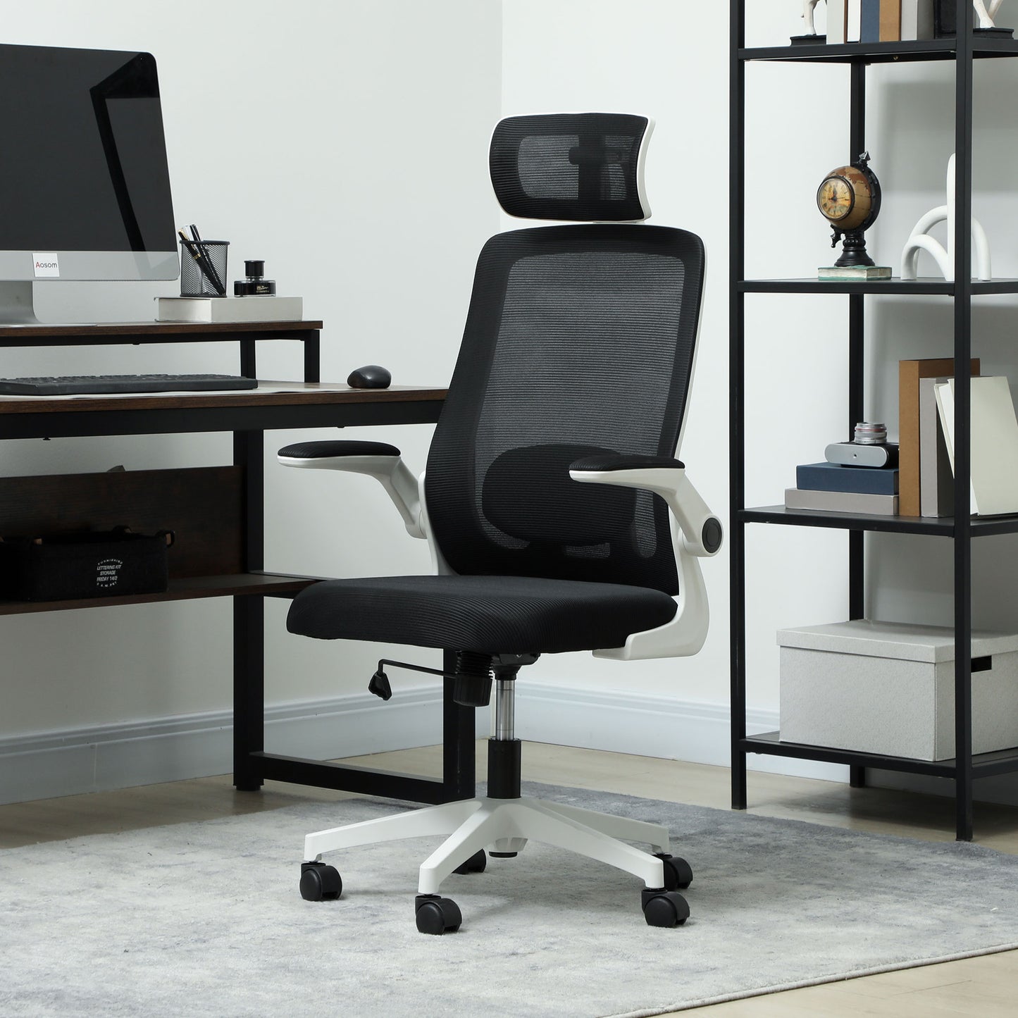 HOMCOM Executive Office Chair, Ergonomic Mesh High Back with Flip-up Armrests, Adjustable, Black