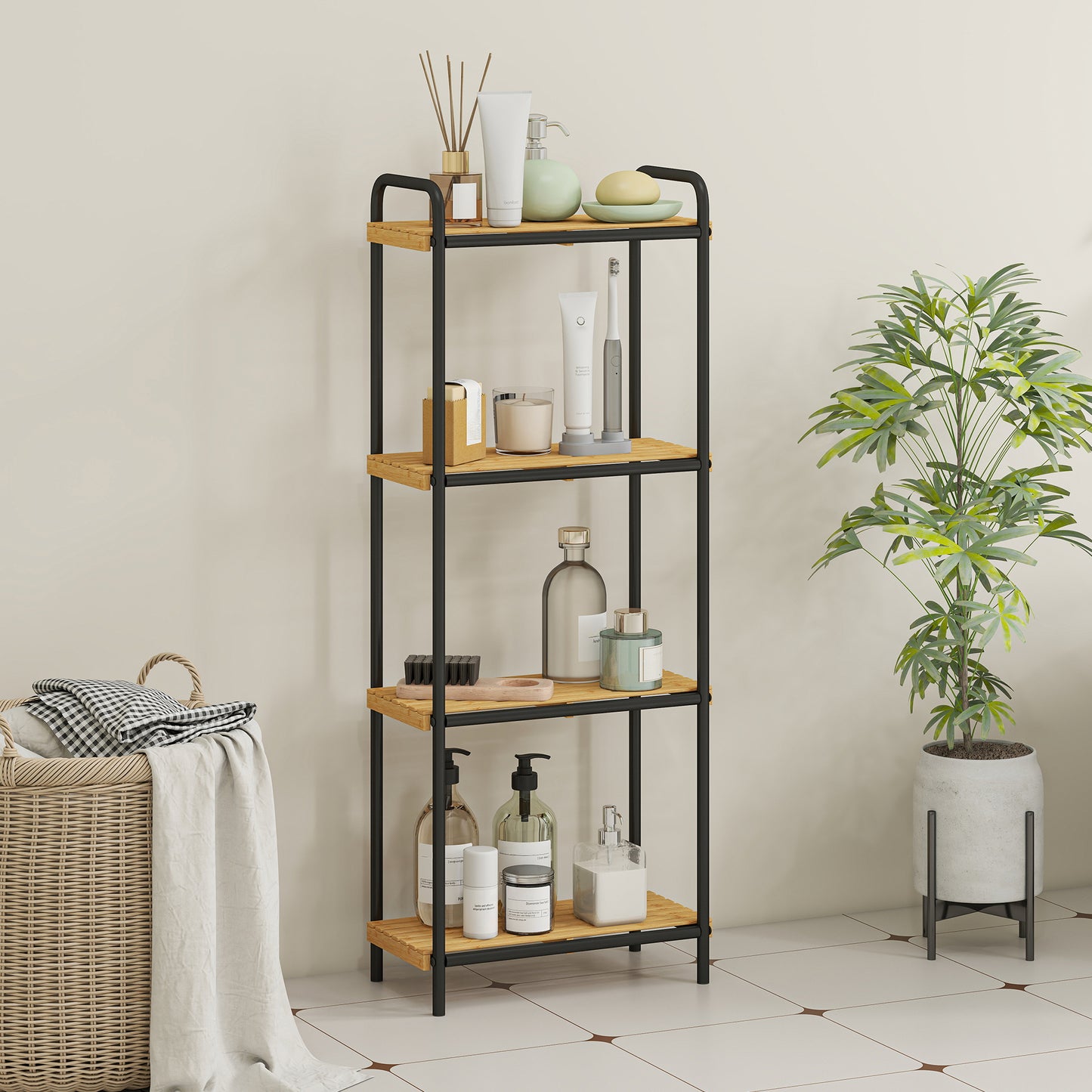 HOMCOM 4-Tier Bamboo Bathroom Storage Shelf, Freestanding Narrow Unit with Slatted Shelves, 41.5x21.5x106cm, Natural and Black