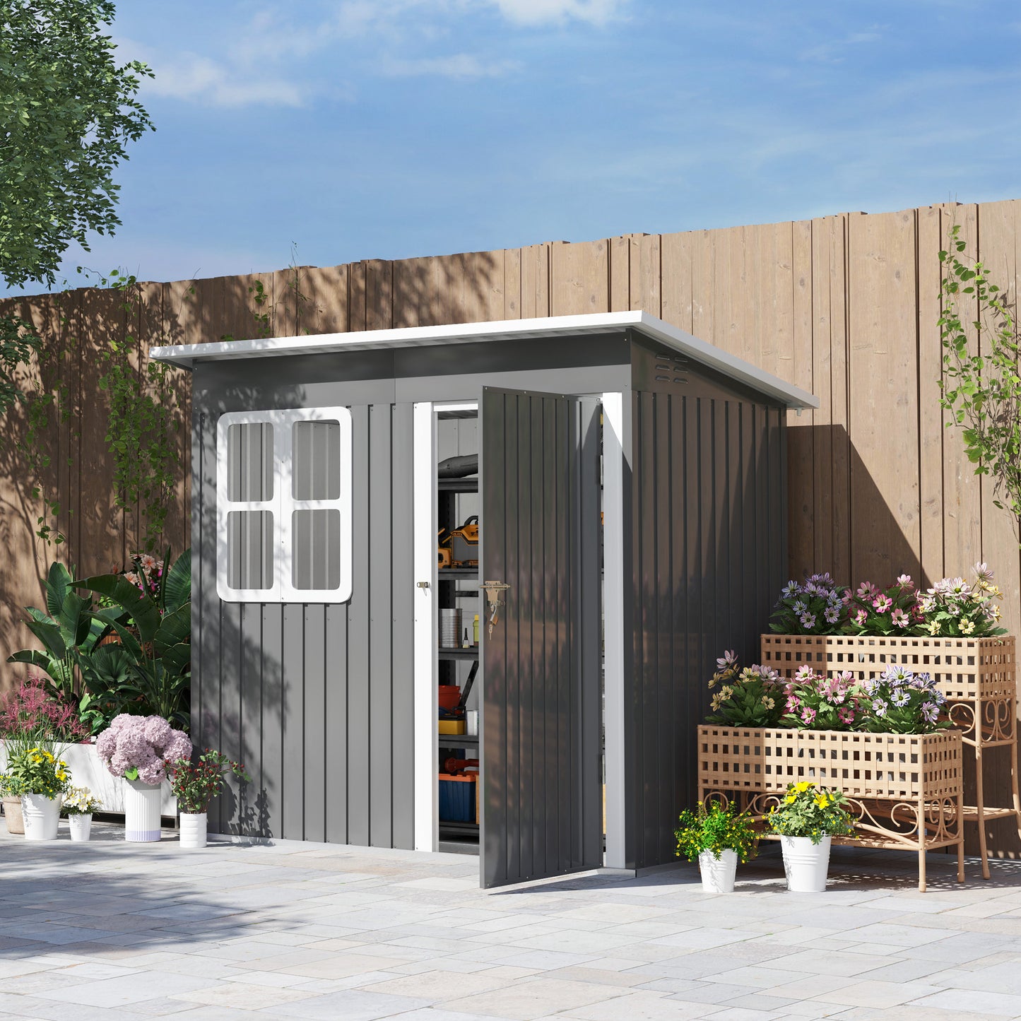 Outsunny 7x4ft Dark Grey Galvanised Steel Garden Storage Shed with Foundation Kit, Window, Lockable Door