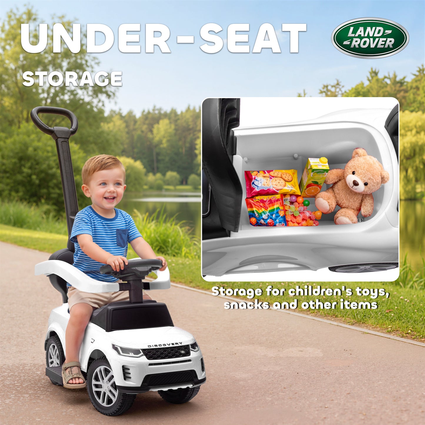 AIYAPLAY LAND ROVER DISCOVERY Licensed Baby Push Car, 2-in-1 Ride on Car with Push Handle and Safety Guardrail, White