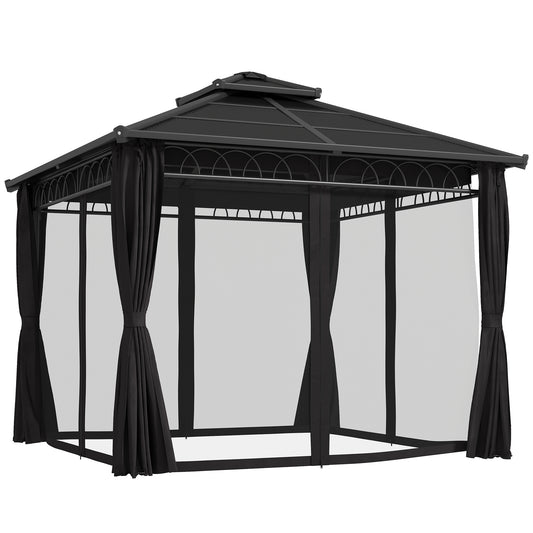 Outsunny 3x3m Polycarbonate Gazebo, Double Roof, Steel Frame, Nettings & Curtains for Garden, Dark Grey