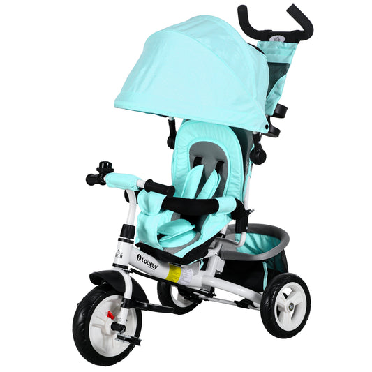 HOMCOM 4 in 1 Kids Trike Push Bike w/ Push Handle Canopy 5-point Safety Belt Storage Footrest Brake for 1-5 Years Green