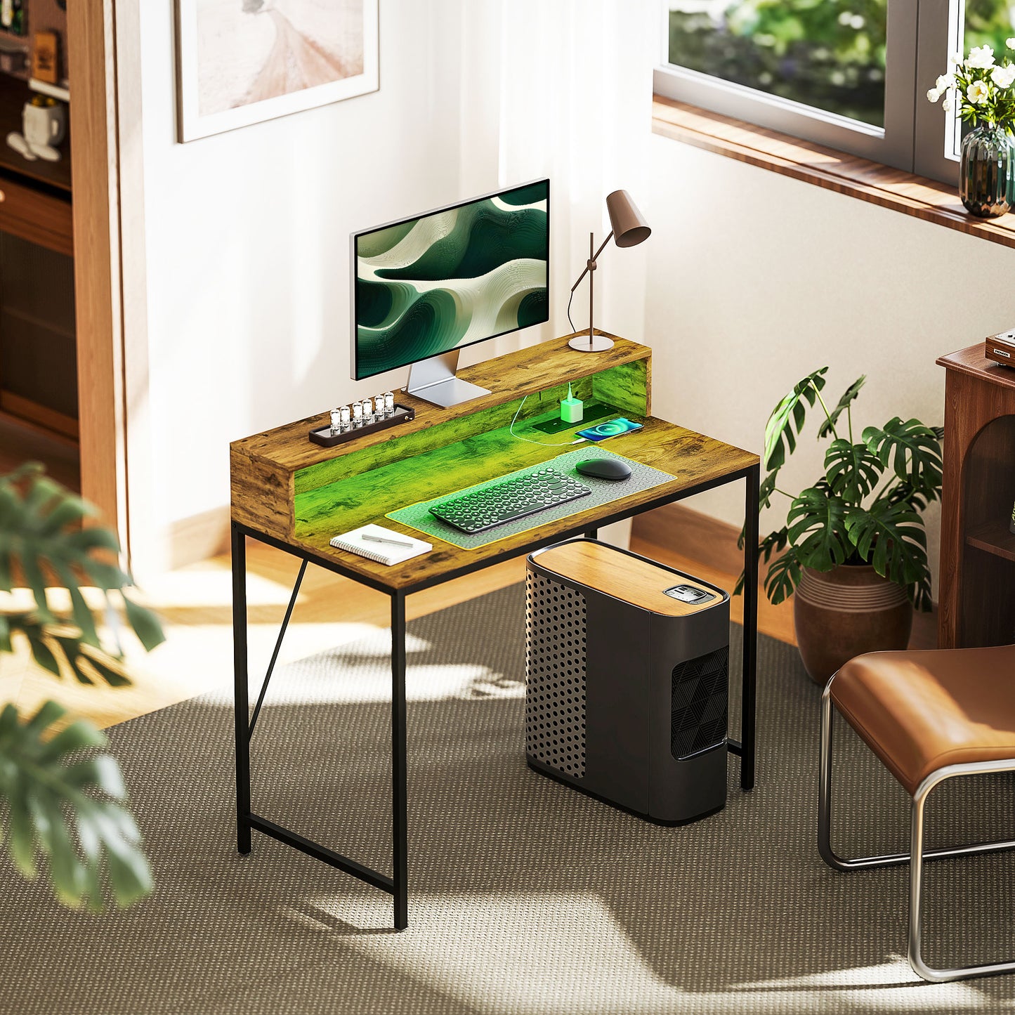 HOMCOM Gaming Desk with LED Lights, Monitor Stand, Power Outlets, Rustic Brown