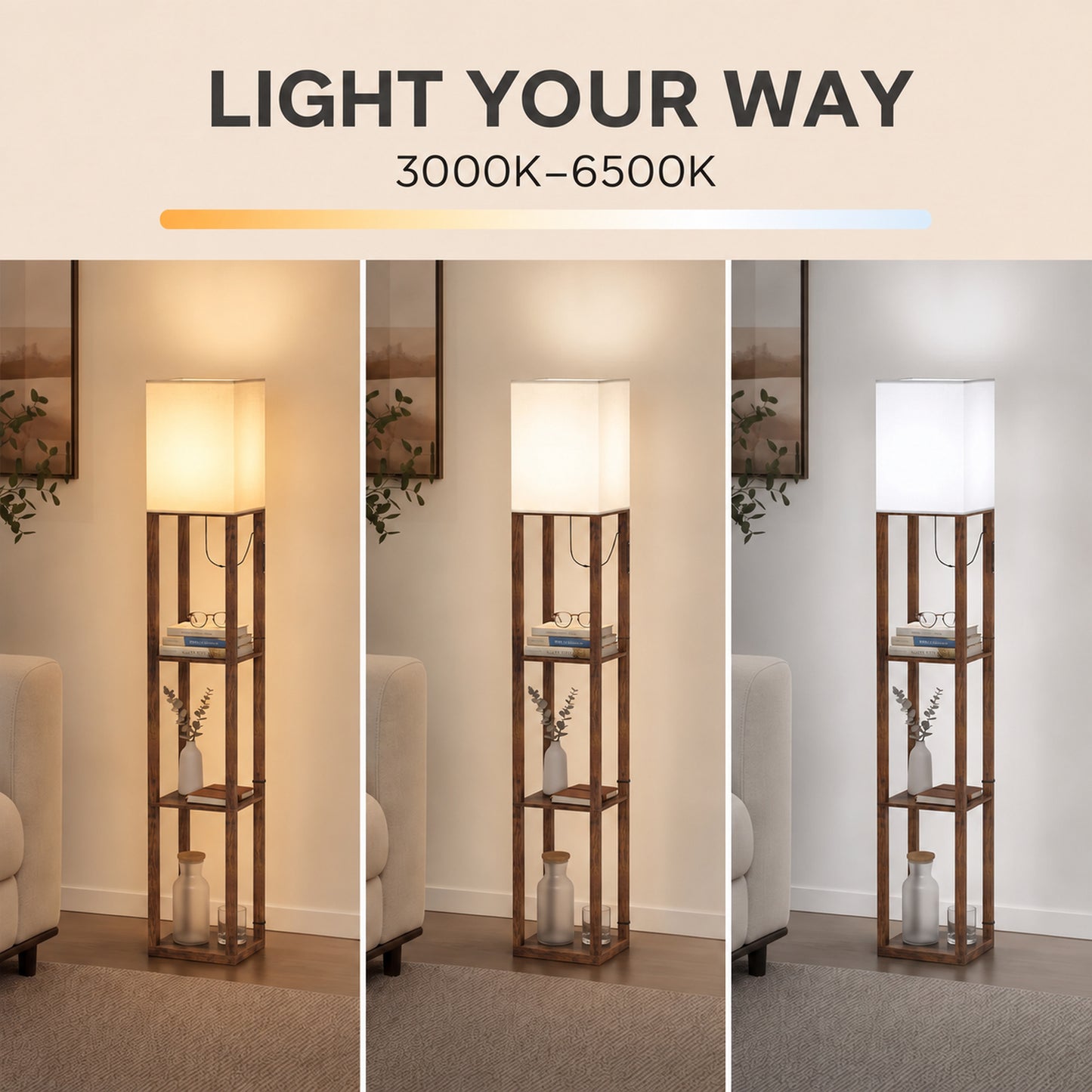 HOMCOM Floor Lamp with Shelves, Modern Dimmable Standing Lamp with Fabric Shade, Adjustable Colour Temperature, Rustic Brown