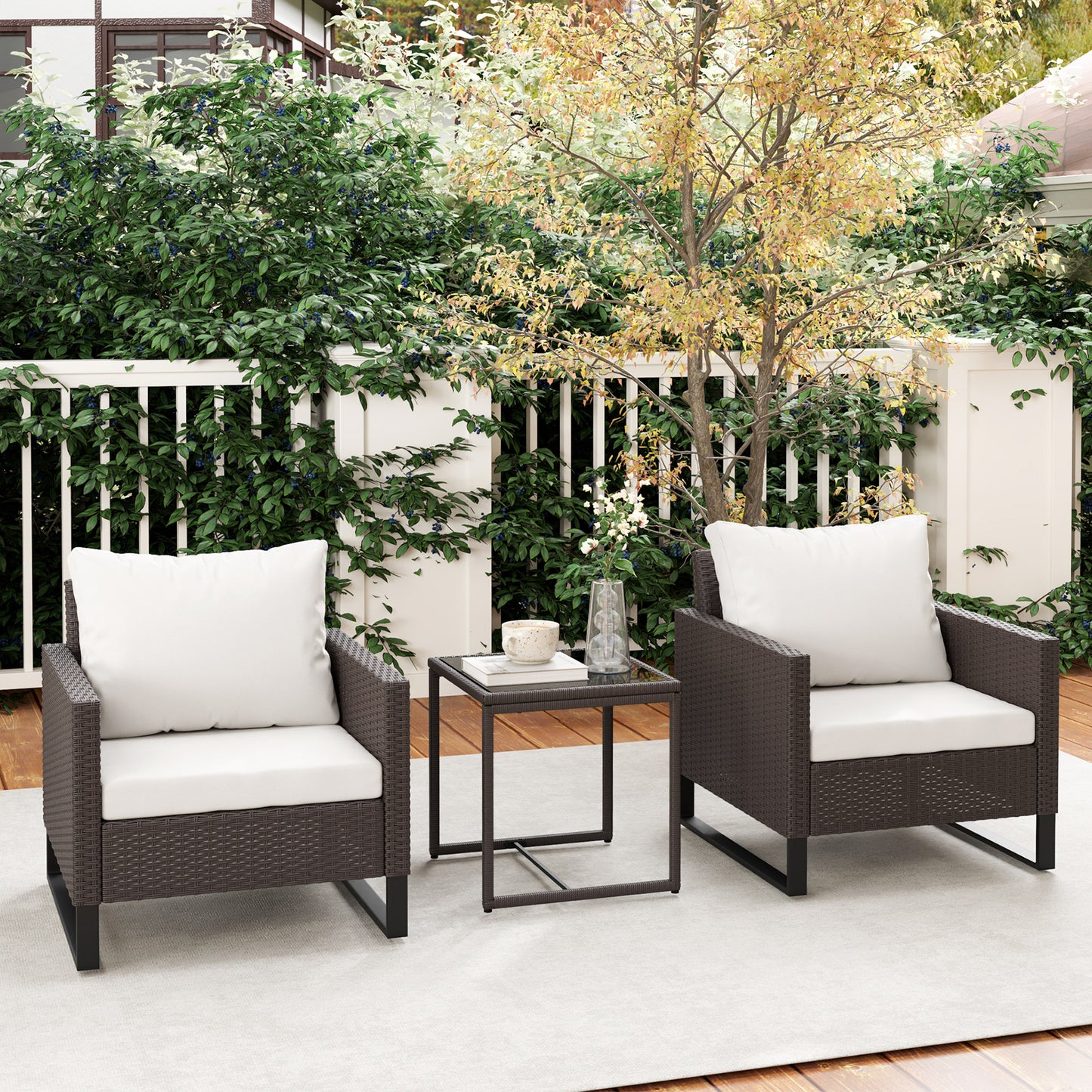 Outsunny 3-Piece Rattan Bistro Set with Cushions, Wicker Furniture, Glass Coffee Table & Chairs for Patio, Balcony, Terrace, Brown