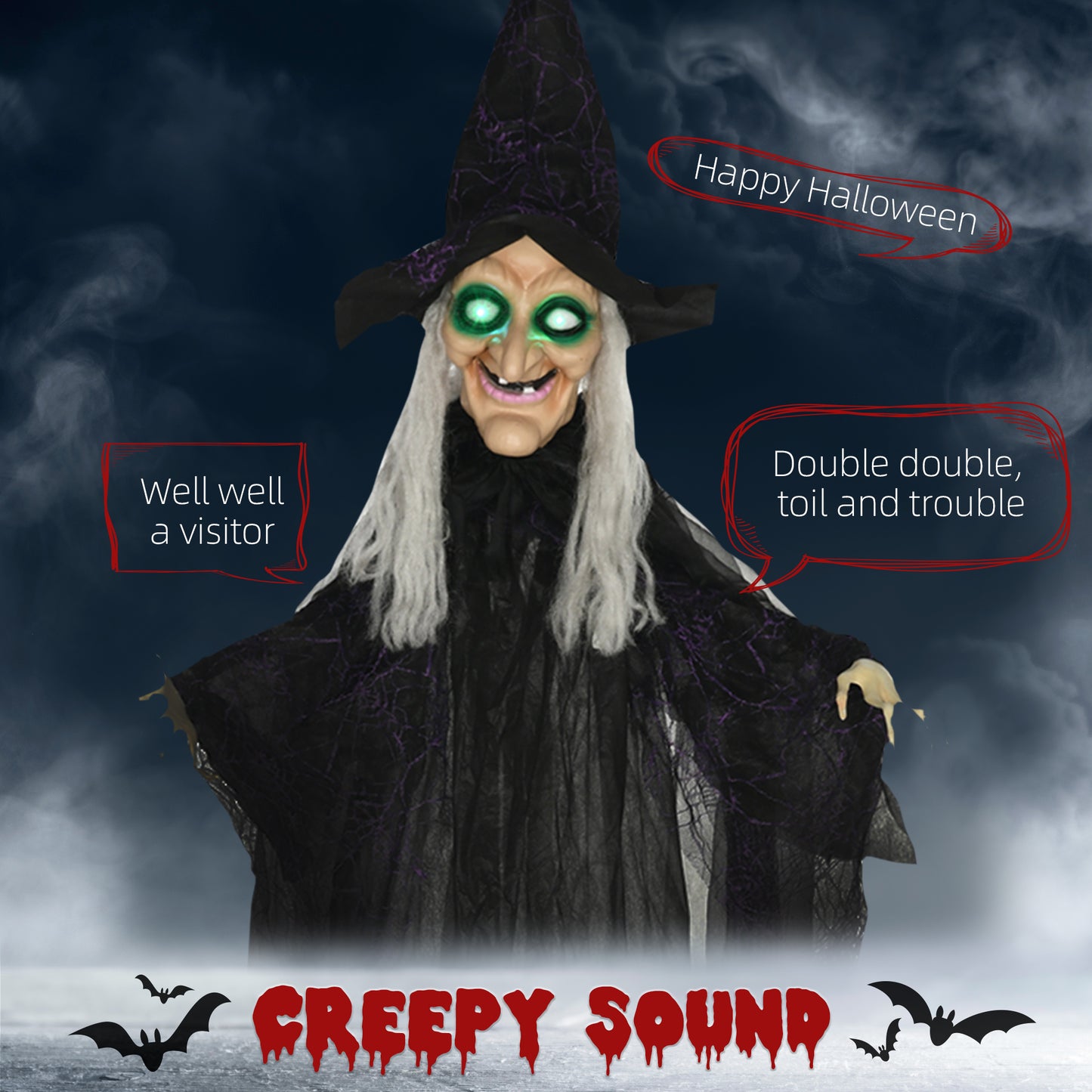 HOMCOM 6ft Outdoor Halloween Witch Prop, Life-Size with Sound & Motion Activation, Light-Up Eyes, Talking Sound, Posable Arms, Black