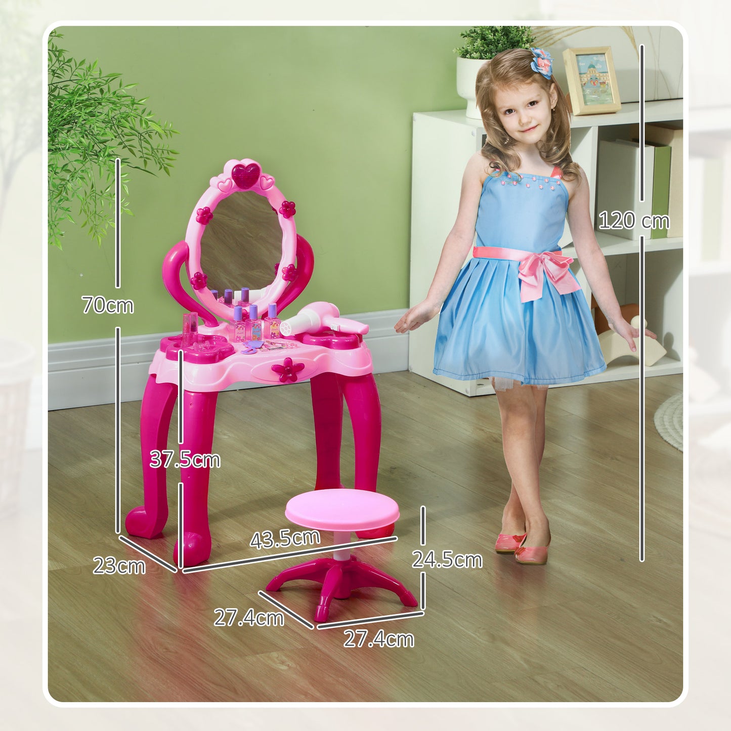 AIYAPLAY Kids Dressing Table with Mirror and Stool, Light, Music, 15 Accessories, for 3-6 Years Old, Pink