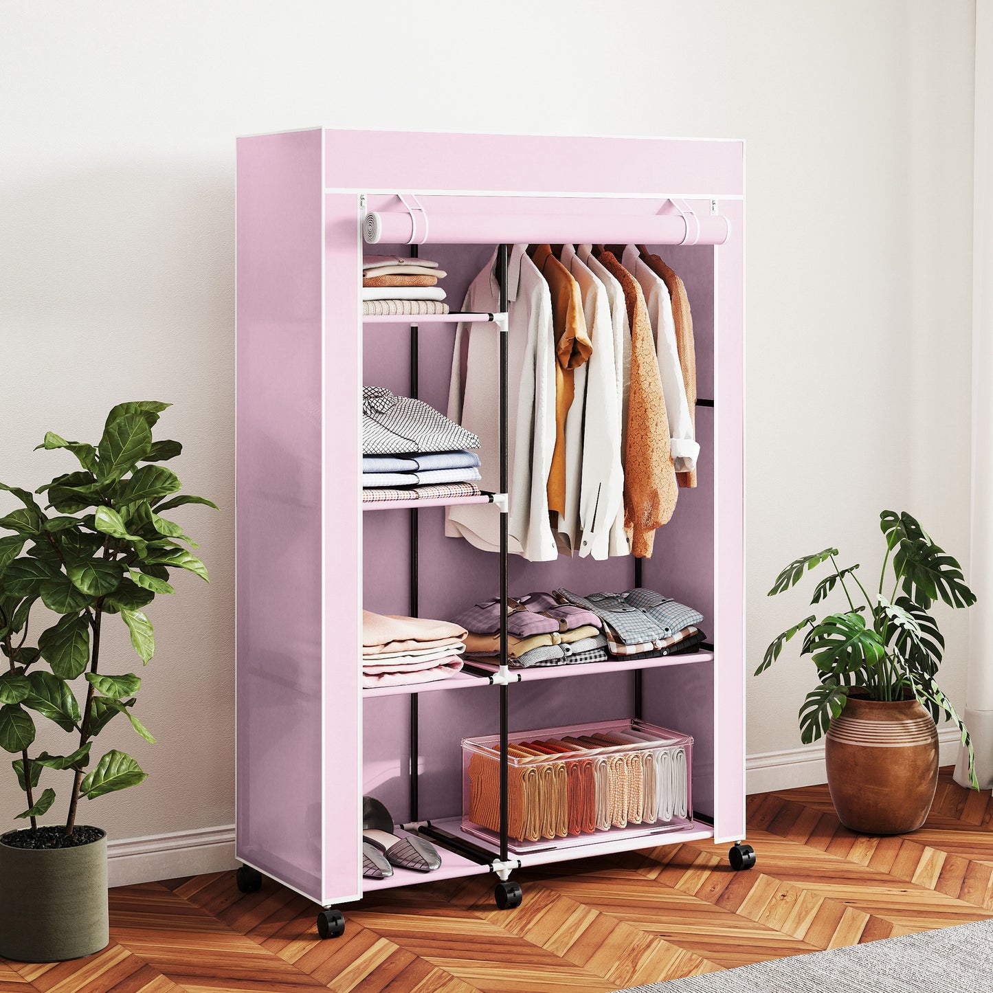 HOMCOM Fabric Wardrobe, Portable Wardrobe with 6 Shelves, 1 Hanging Rail, Pink
