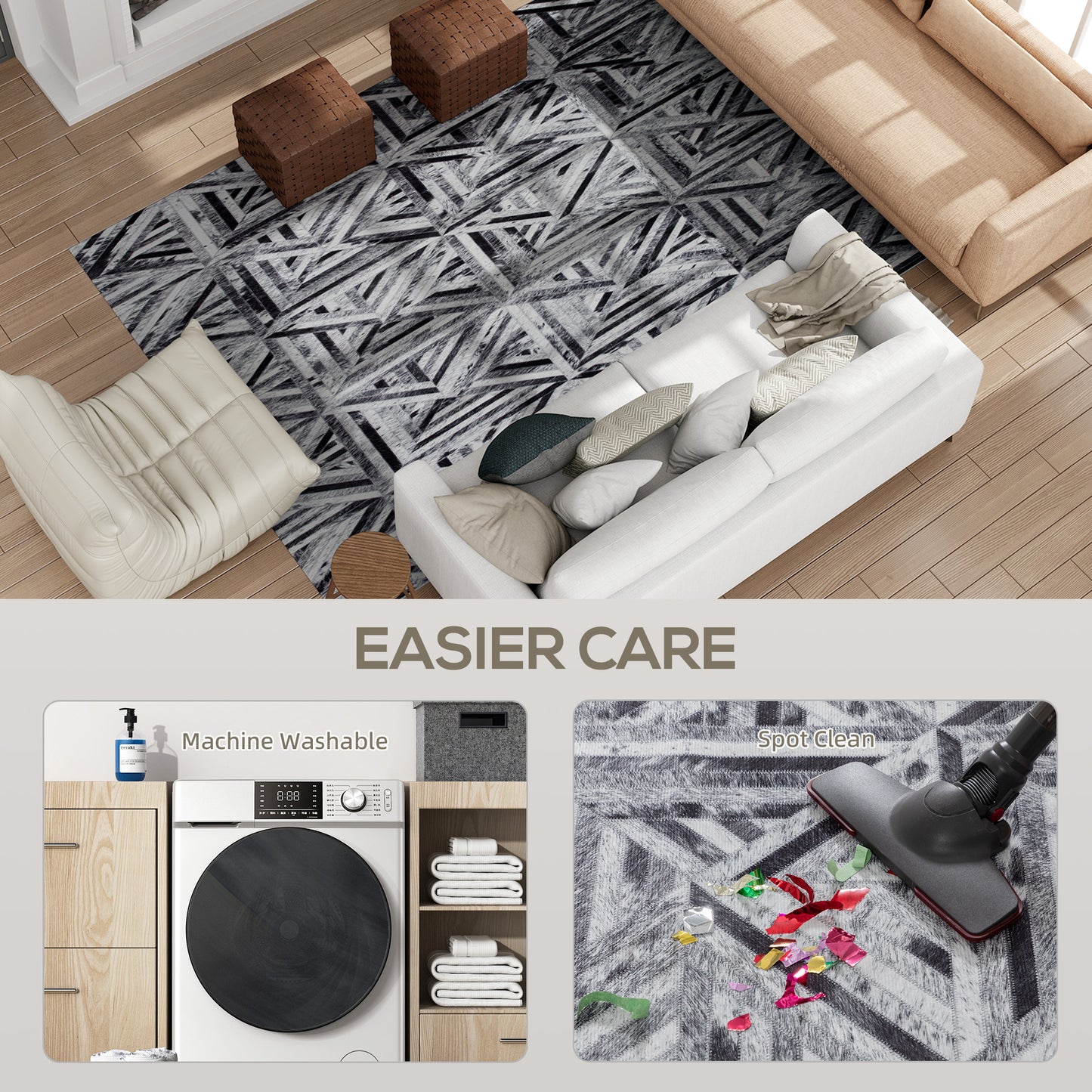 HOMCOM Triangle Pattern Non-Slip Washable Chenille Rug, 290 x 200 cm, for Living Room, Bedroom, Dining Room, Office, Black