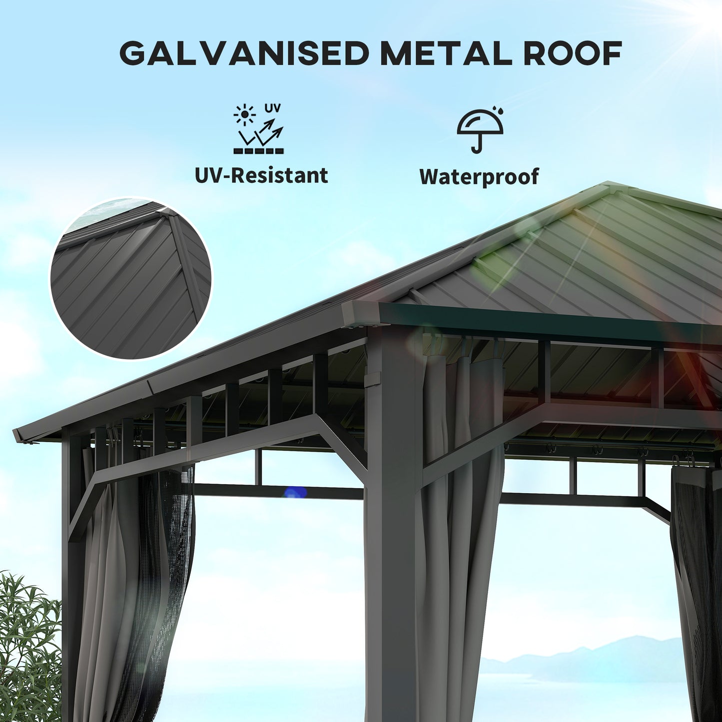 Outsunny Hardtop Gazebo, 3x3m, Steel Roof, Water Gutter, Waterproof Pavilion with Netting/Curtains for Patio/Deck, Garden Gazebo, Black