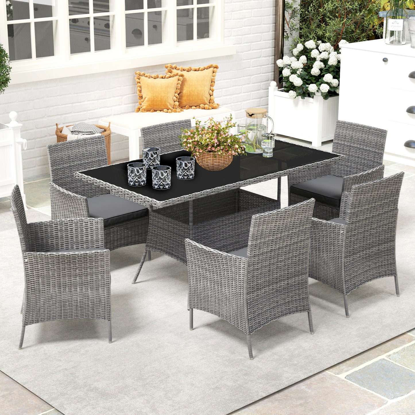 Outsunny 7-Piece Rattan Garden Furniture Set with Cushions, 6 Seater Table and Chairs, Charcoal Grey
