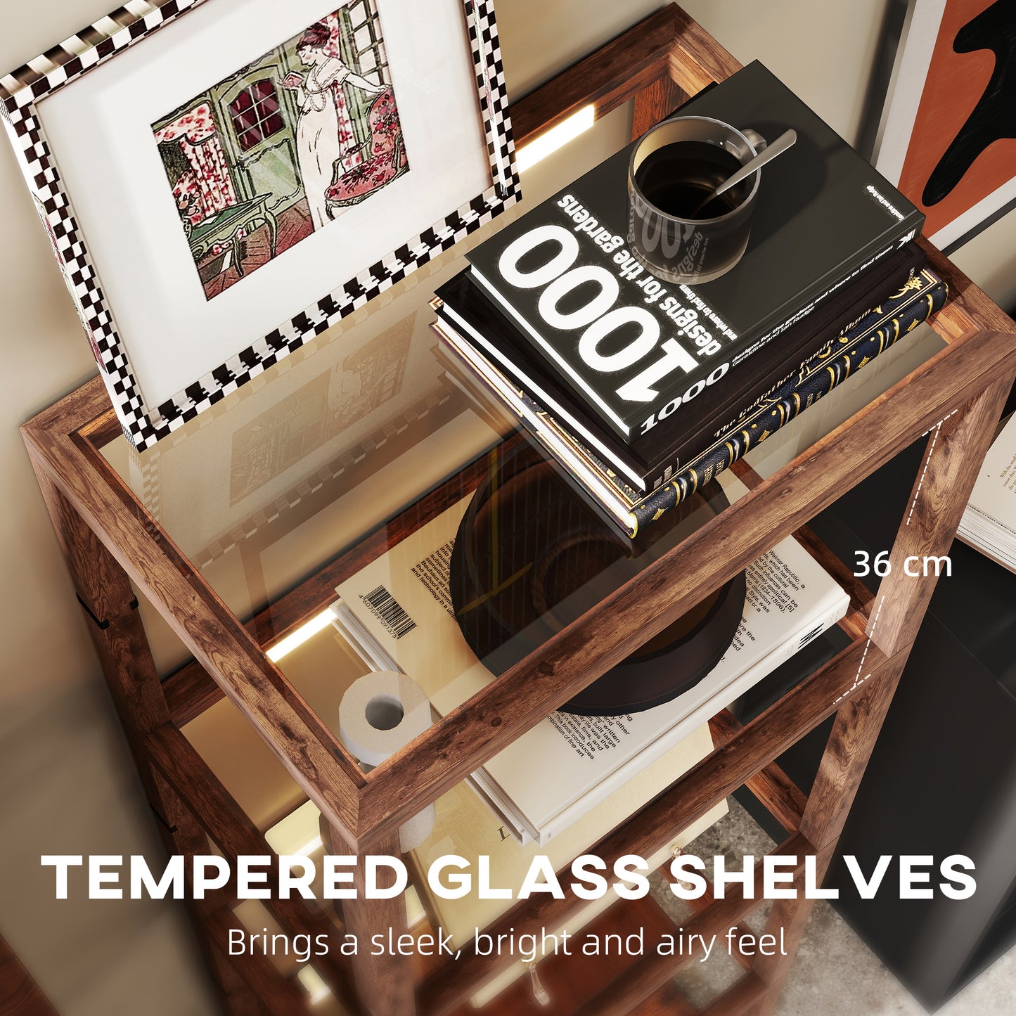 HOMCOM LED Floor Lamp with Glass Shelves, Dimmable 4-Layer Modern Standing Lamp for Living Room, Bedroom, Office, Rustic Brown