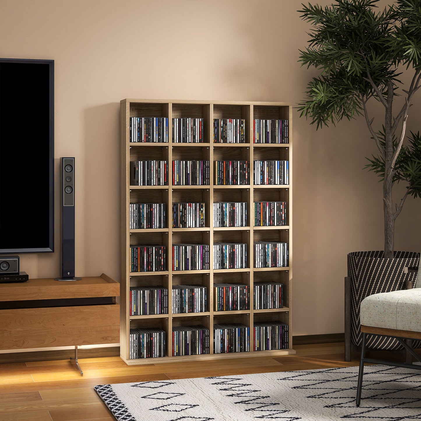 HOMCOM CD Storage Unit with Adjustable Shelves, 89 x 130.5 cm, Natural Wood Finish