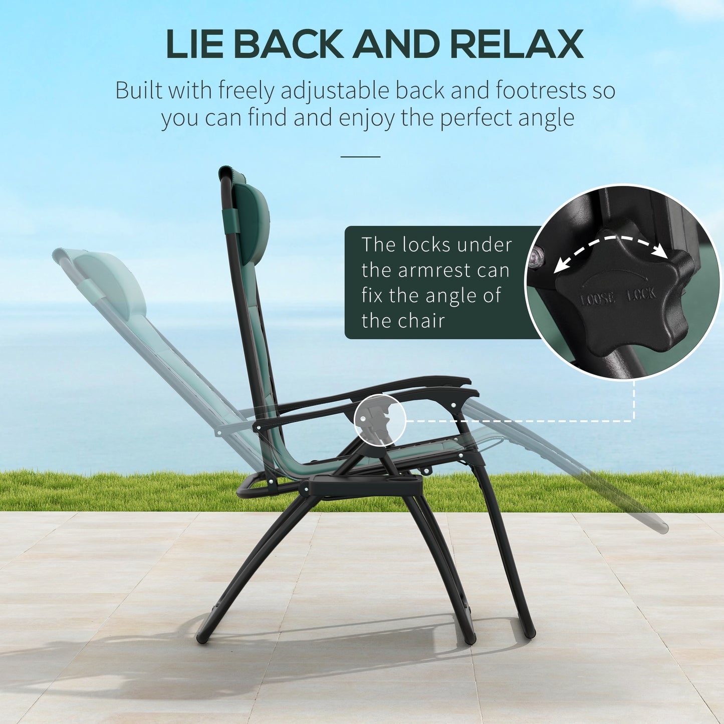 Outsunny Foldable Reclining Garden Chair Set of 2, Zero Gravity Chairs with Cup Holder & Pillow, Green