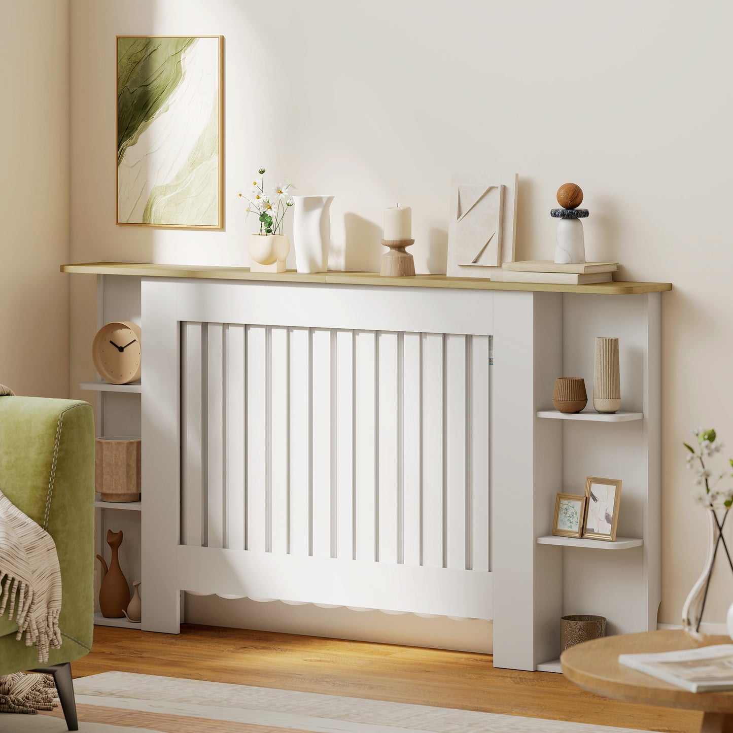 HOMCOM Radiator Cover with Storage Shelves, Vertical Slatted Design, Large, Living Room/ Hallway Cabinet, White (H: 83 / W: 152 / D: 19 cm)