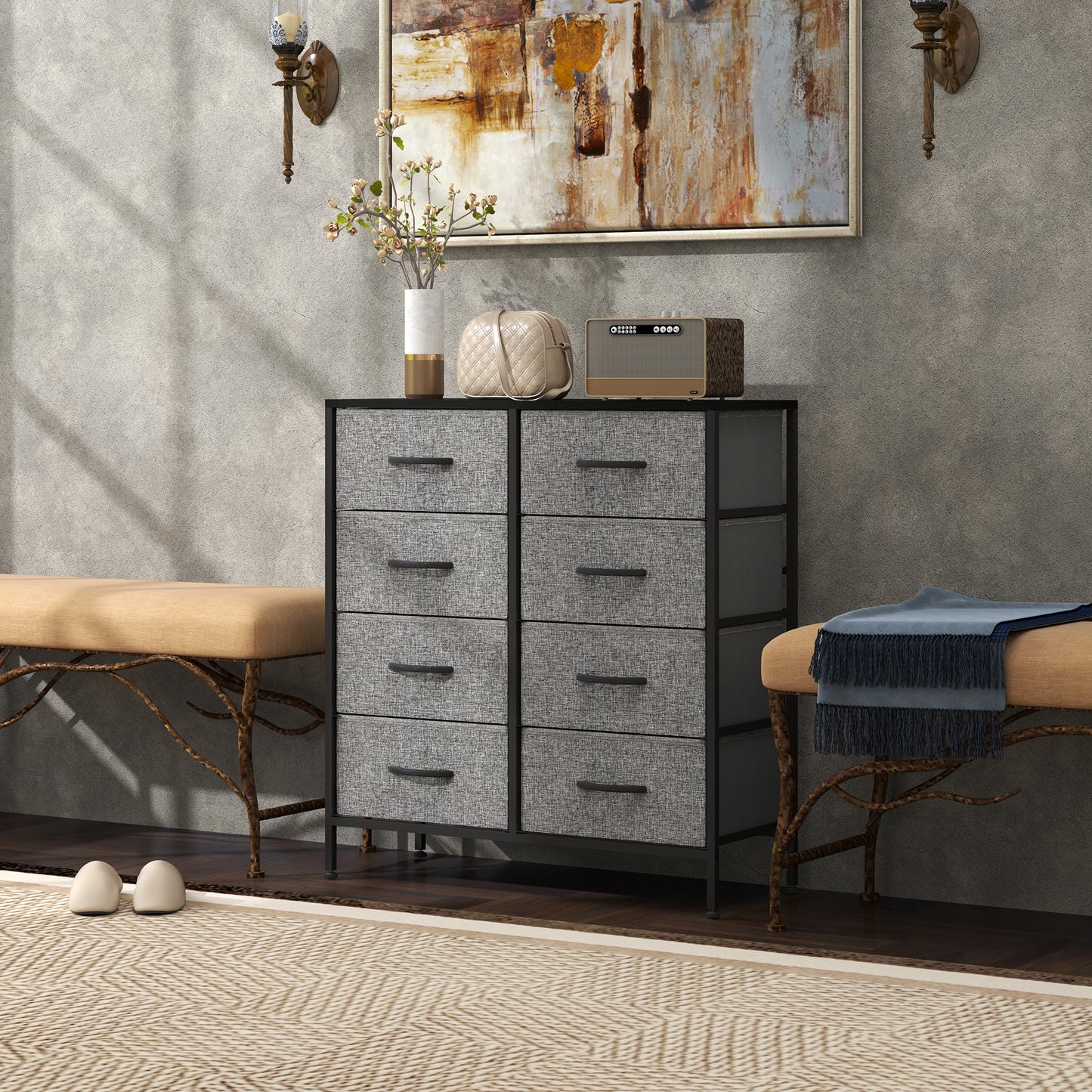 HOMCOM Fabric Chest of Drawers, Industrial Dresser with 8 Drawers, Steel Frame, Wooden Top for Nursery, Living Room, Hallway, Black