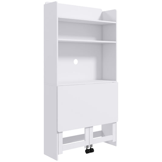 HOMCOM Computer desk with storage shelves, foldable top, 2 casters for bedroom & living room 80 x 69 x 155 cm white