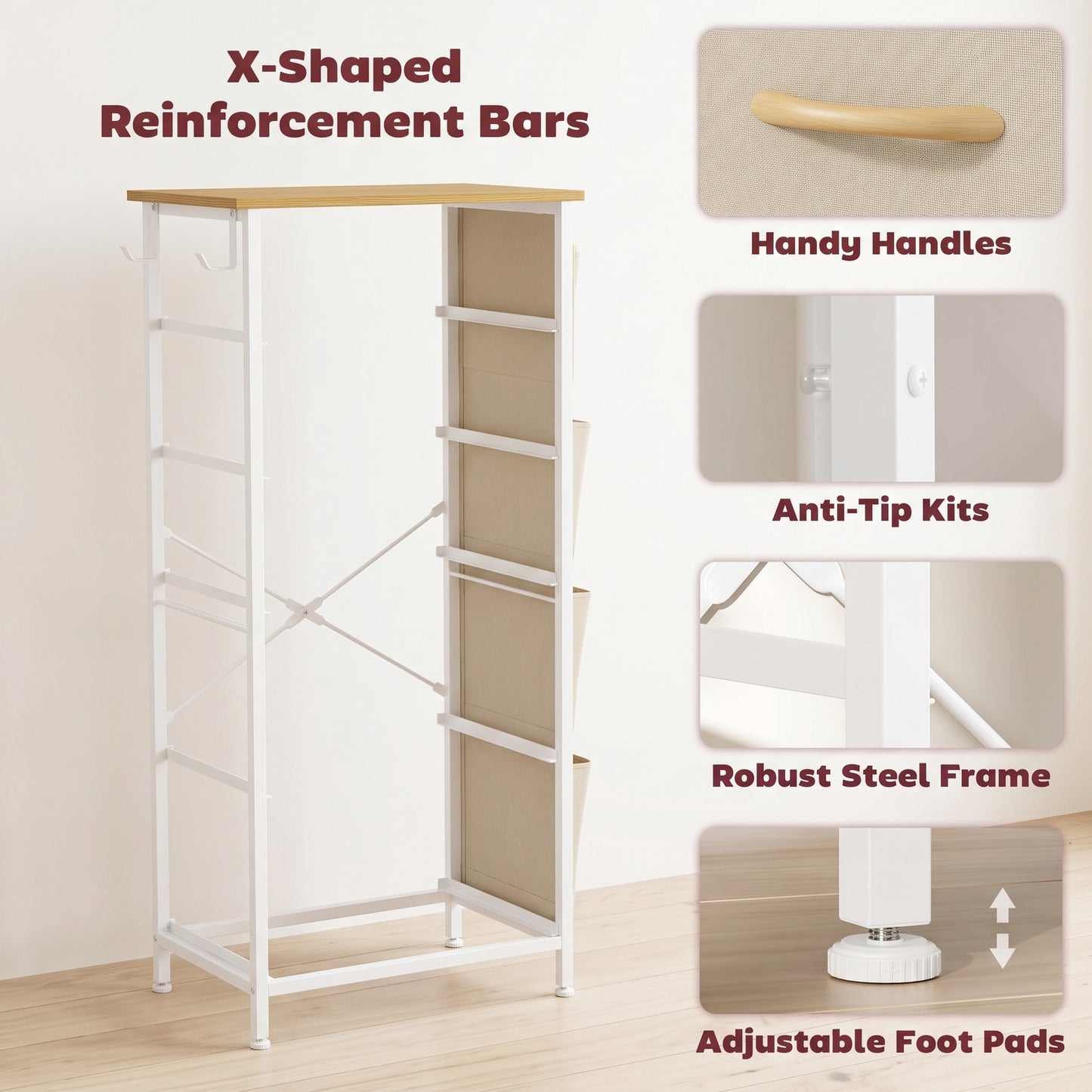 HOMCOM Chest of Drawers, Dresser with 5 Fabric Drawers, Tall Storage Unit with 4 Pockets and 2 Hooks Steel Frame, Beige