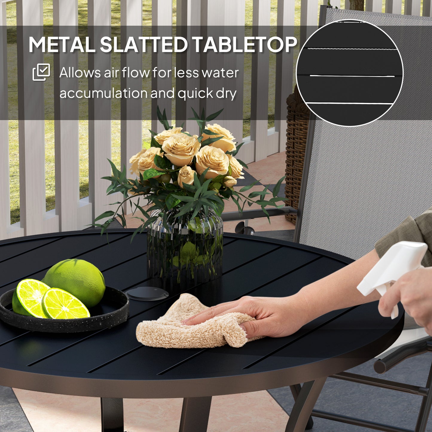 Outsunny 90 cm Round Steel Garden Dining Table with Parasol Hole, Slatted Metal Top, Wire Shelf, Black