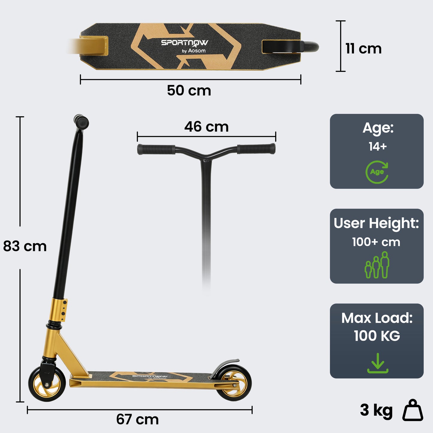 SPORTNOW Stunt Scooter, Pro Scooter for Adult Teens with 360° Handlebar, 110 mm PU Wheels, Aluminium Deck, ABEC-7, Gold Tone