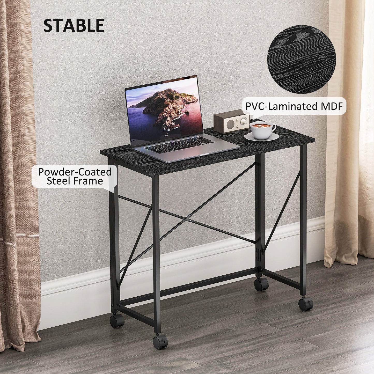 HOMCOM 80 cm Folding Desk on Wheels - Black