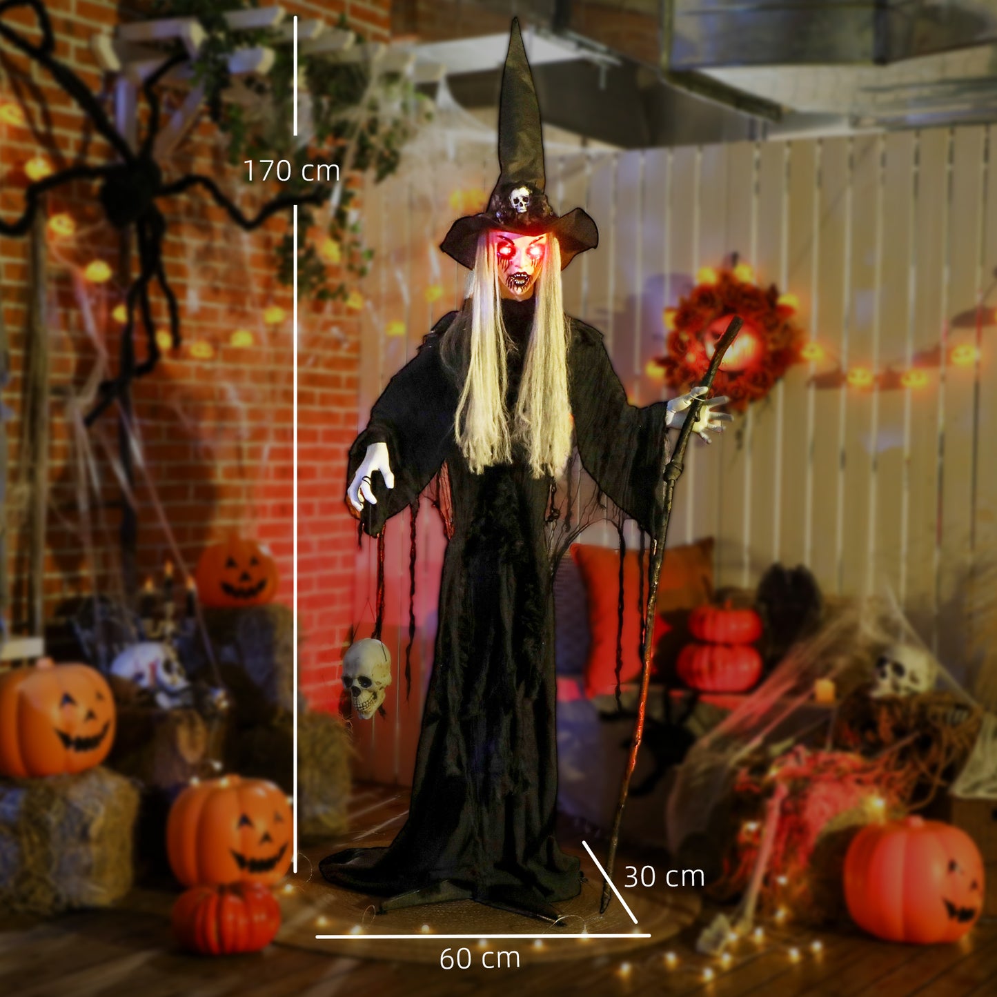 Outsunny 170cm Halloween Animated Witch & Staff, LED Eyes, Spooky Battery Operated Decoration, Indoor Party Prop, Life Size, Black