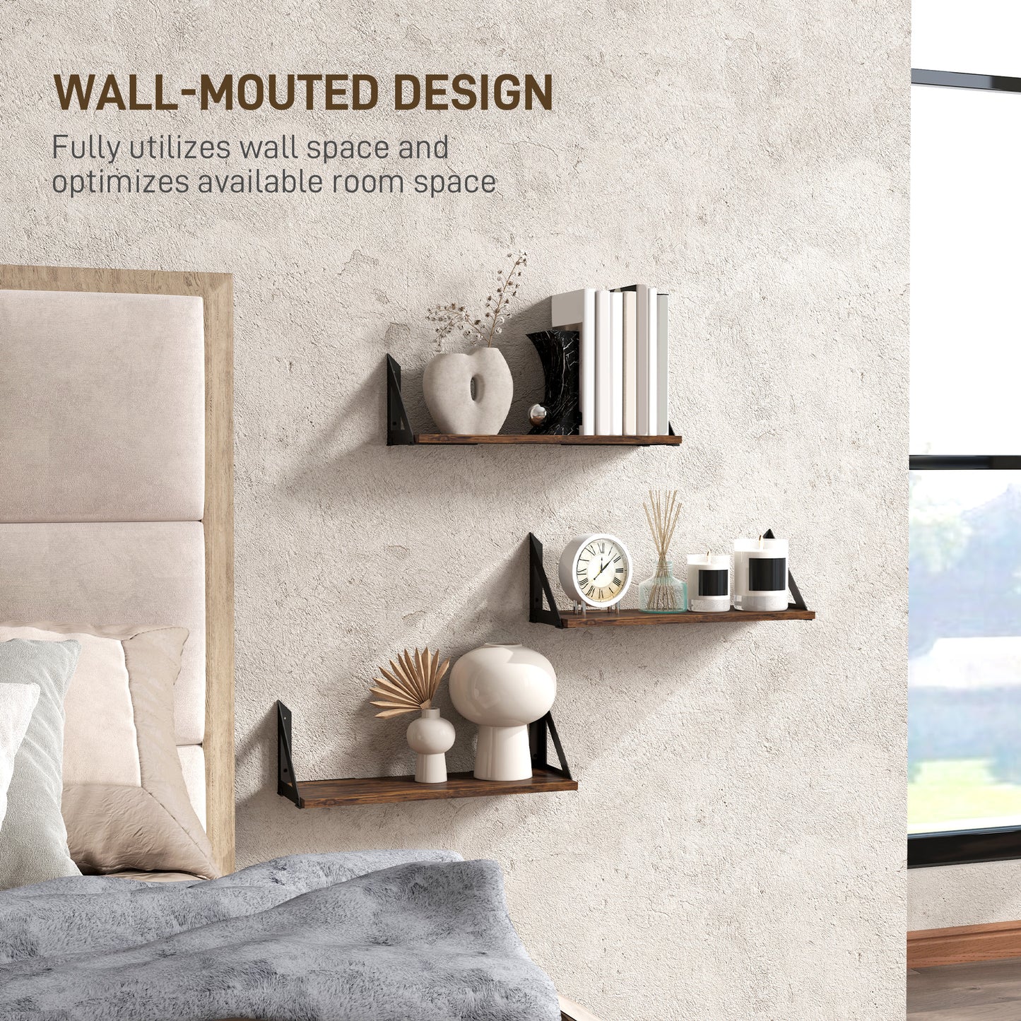 HOMCOM Set of 3 Wall Mounted Floating Shelves, Vintage Wall Shelves for Living Room, Entryway, Bedroom, Rustic Brown