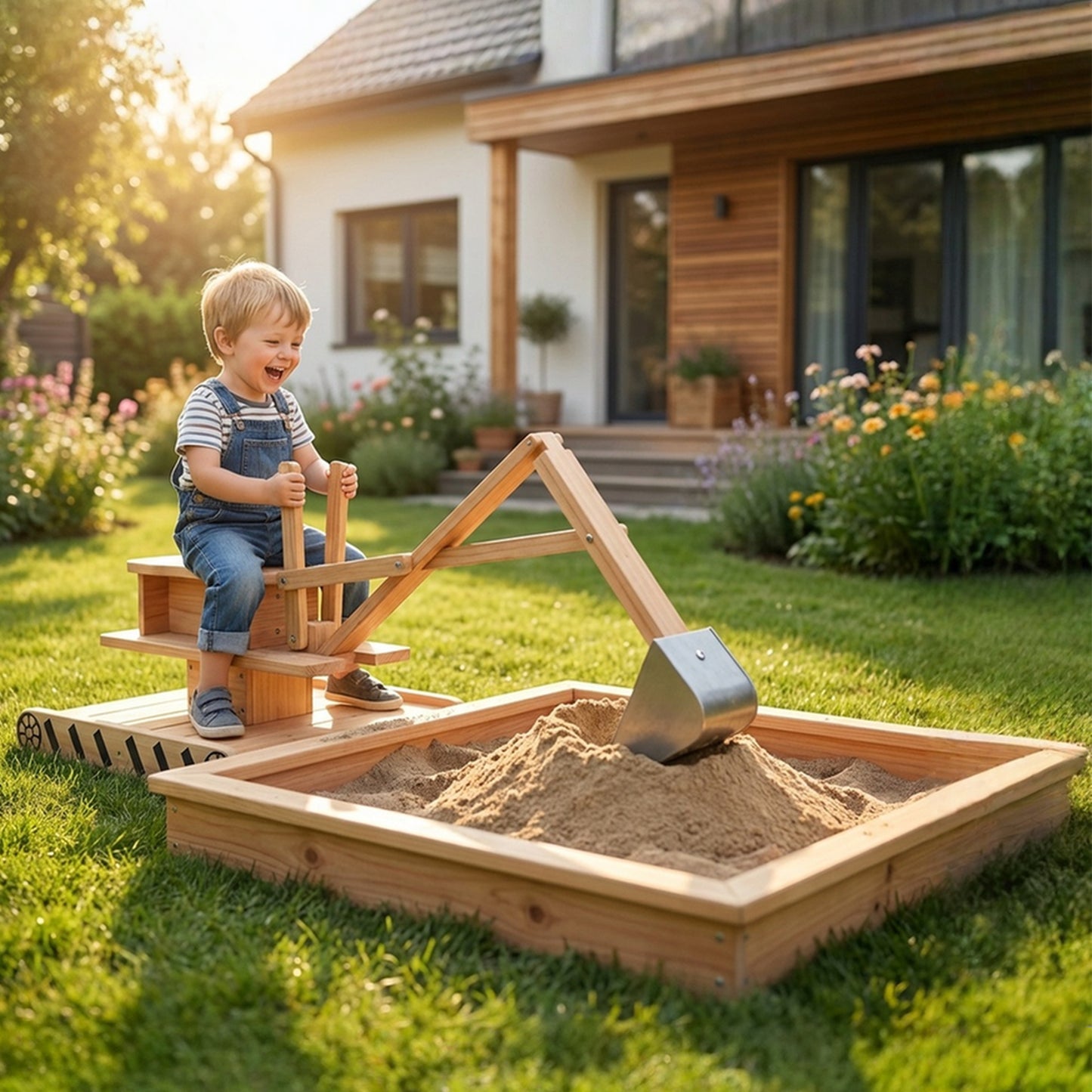 AIYAPLAY Wooden Sand Pit with Digger, Kids Sandbox Outdoor, SandPit with 360° Swivel Seat and Bottom Liner