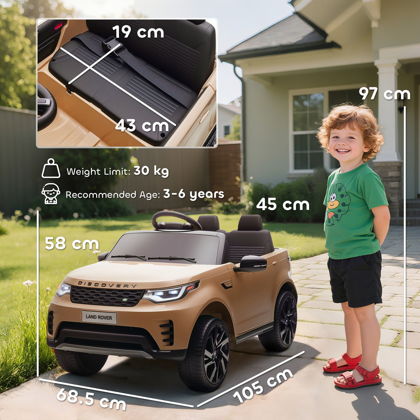 AIYAPLAY Land Rover Discovery Licensed 12V Kids Electric Car with Remote, 4 Wheel Suspension, Slow Start, Lights, Music, Khaki