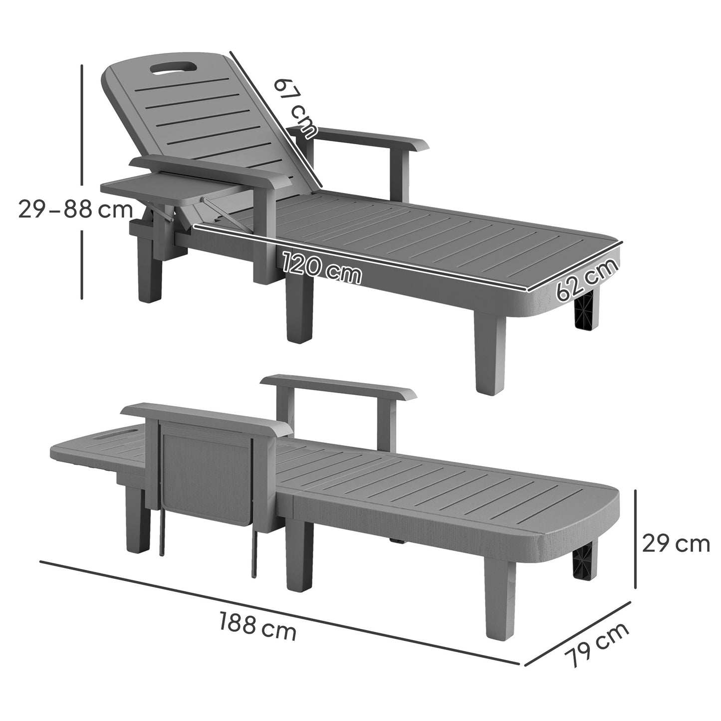 Outsunny Set of 2 Resin Reclining Sun Loungers, 5 Positions Adjustable Chaise Lounge with Armrests, Foldable Side Table, Dark Grey