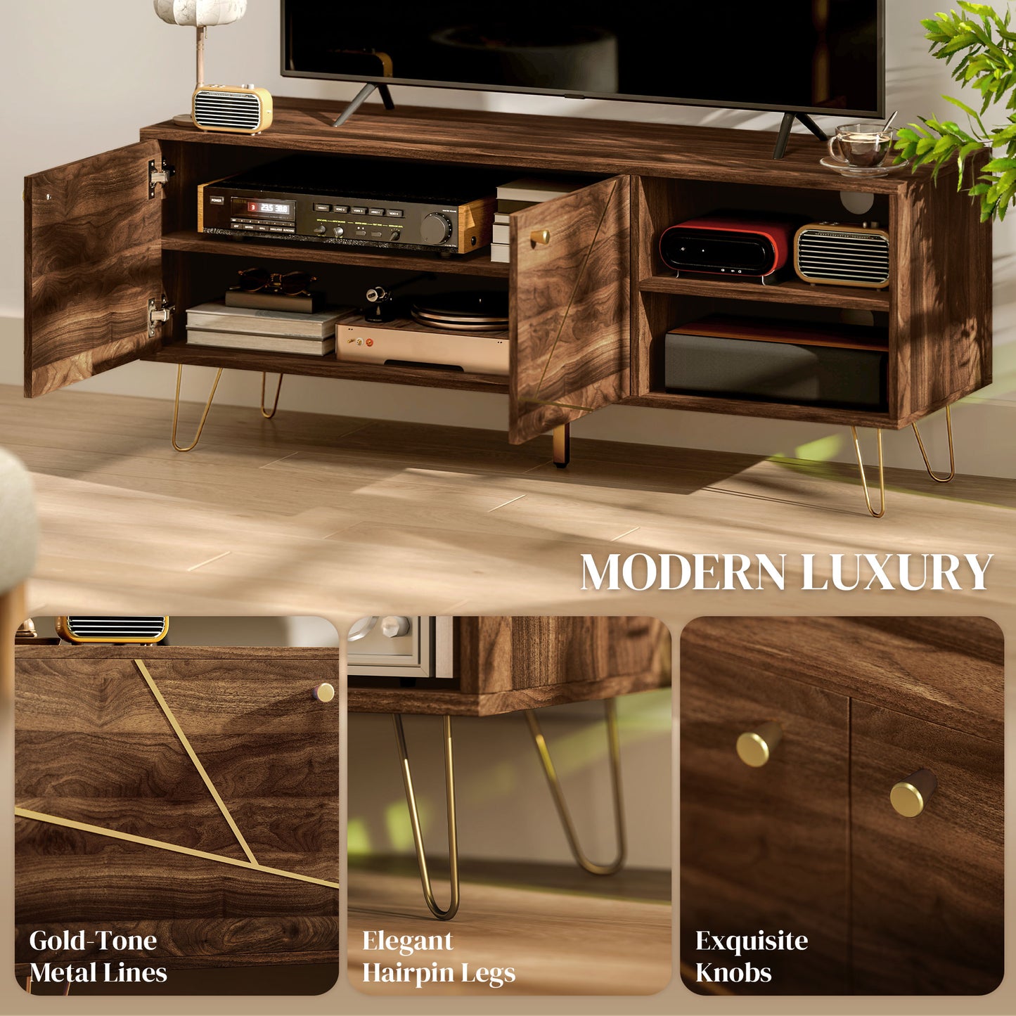 HOMCOM TV Stand Cabinet for up to 60" TV, 130cm Unit with Adjustable Shelves, Hairpin Legs, Double Doors for Living Room or Bedroom, Brown