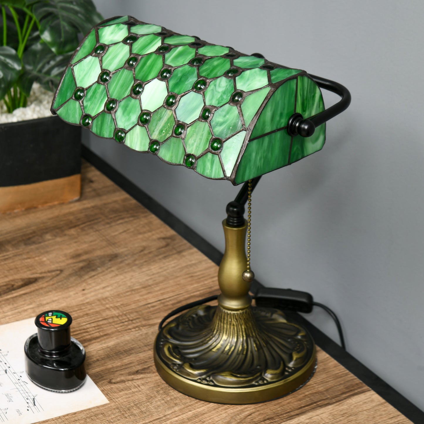 HOMCOM Tiffany Style Table Lamp with Green Shade, Metal Base, Pull Rope Switch