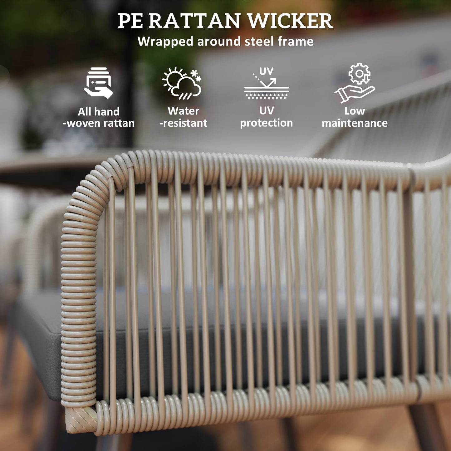 Outsunny 4 Seater Rattan Dining Set, Garden Furniture with Parasol Hole & Cushions, Round Glass Table