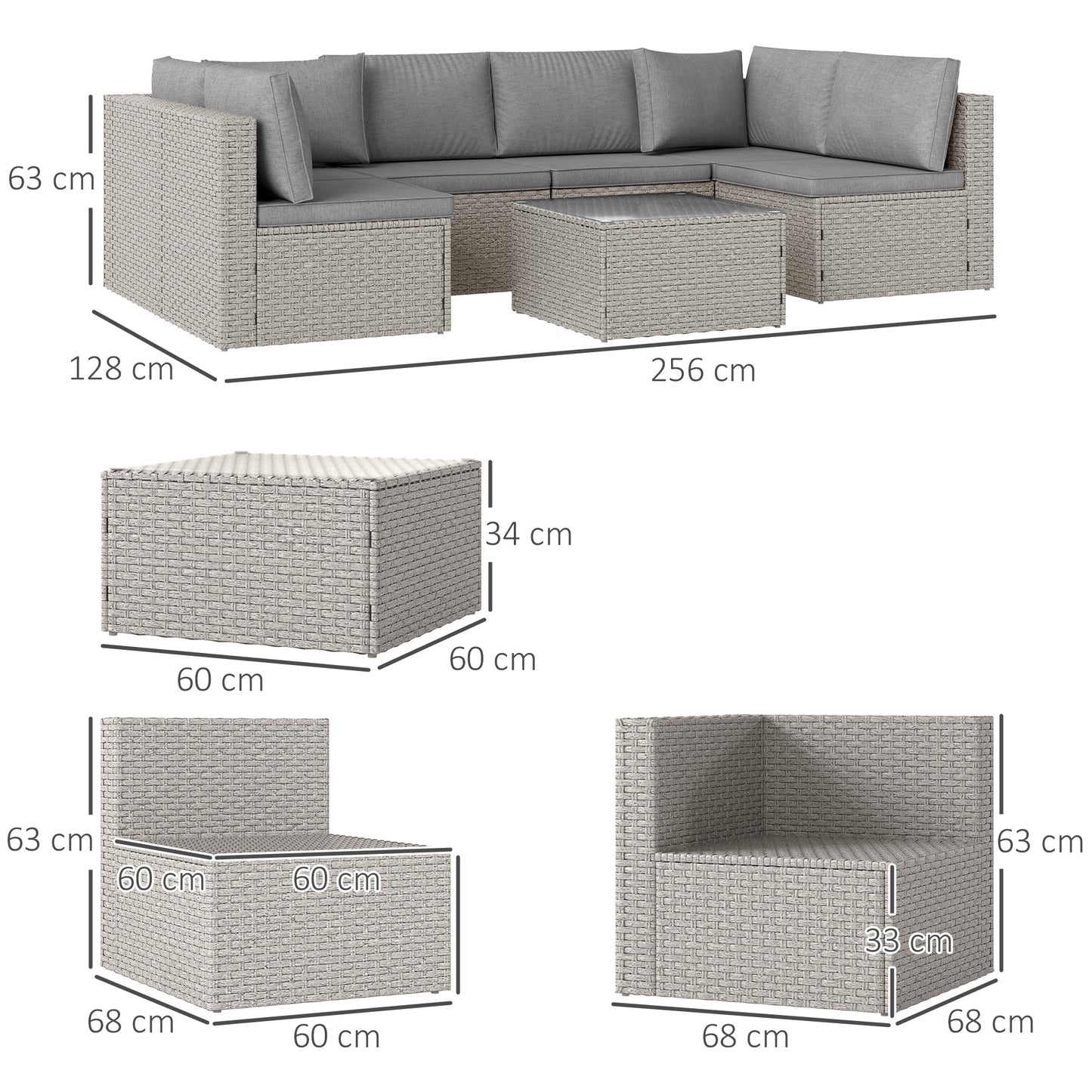 Outsunny 7-Piece Rattan Garden Furniture Set, 6-Seater Corner Sofa with Cushions, Glass Table, Outdoor Conservatory Set, Grey