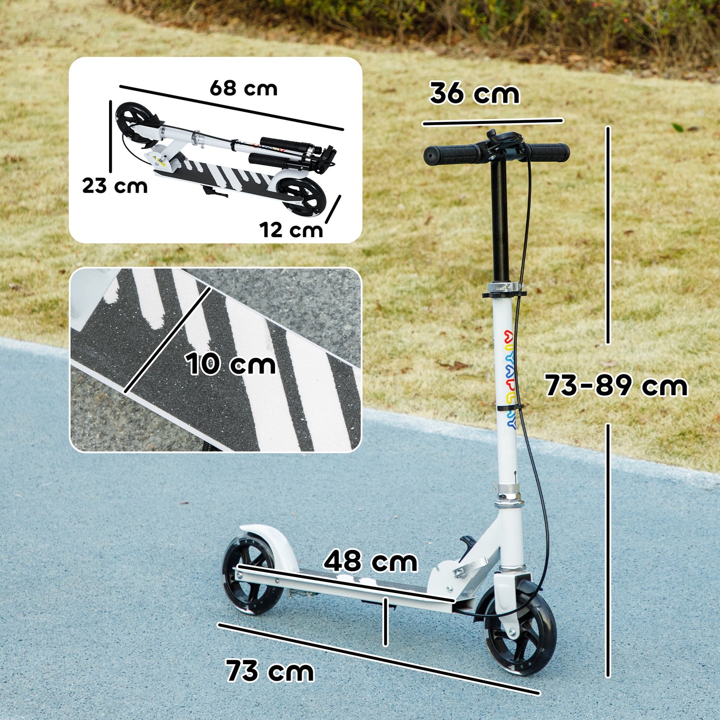 AIYAPLAY Scooter for Kids Aged 3-8 Years, with Adjustable Handle, Two Light Up Wheels, Handbrake, Rear Brake, White